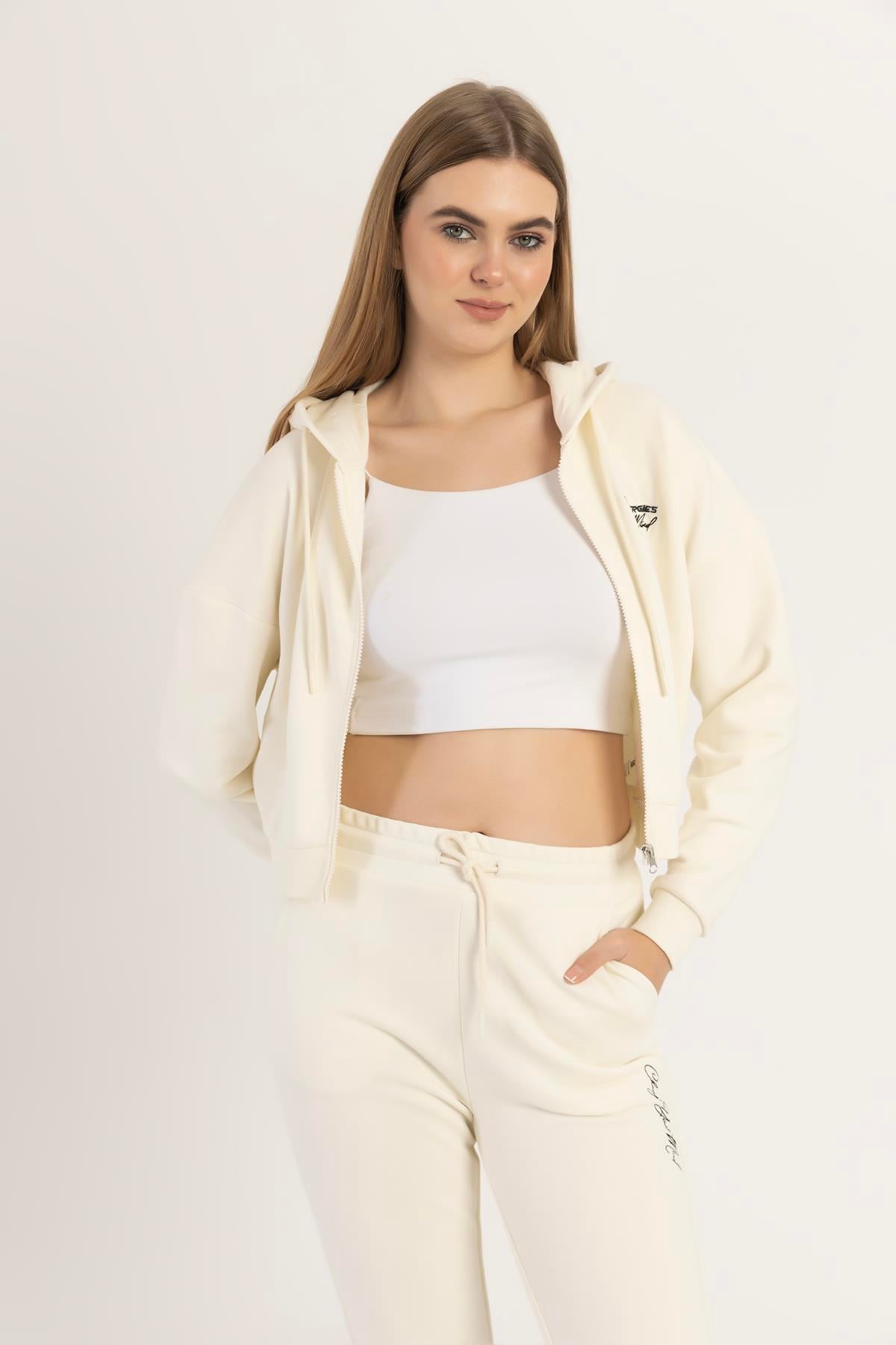 Kadın Fermuarlı 3 İplik Sweatshirt Ekru
