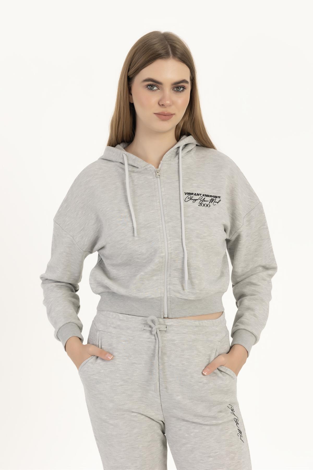 Kadın Fermuarlı 3 İplik Sweatshirt Gri Melanj