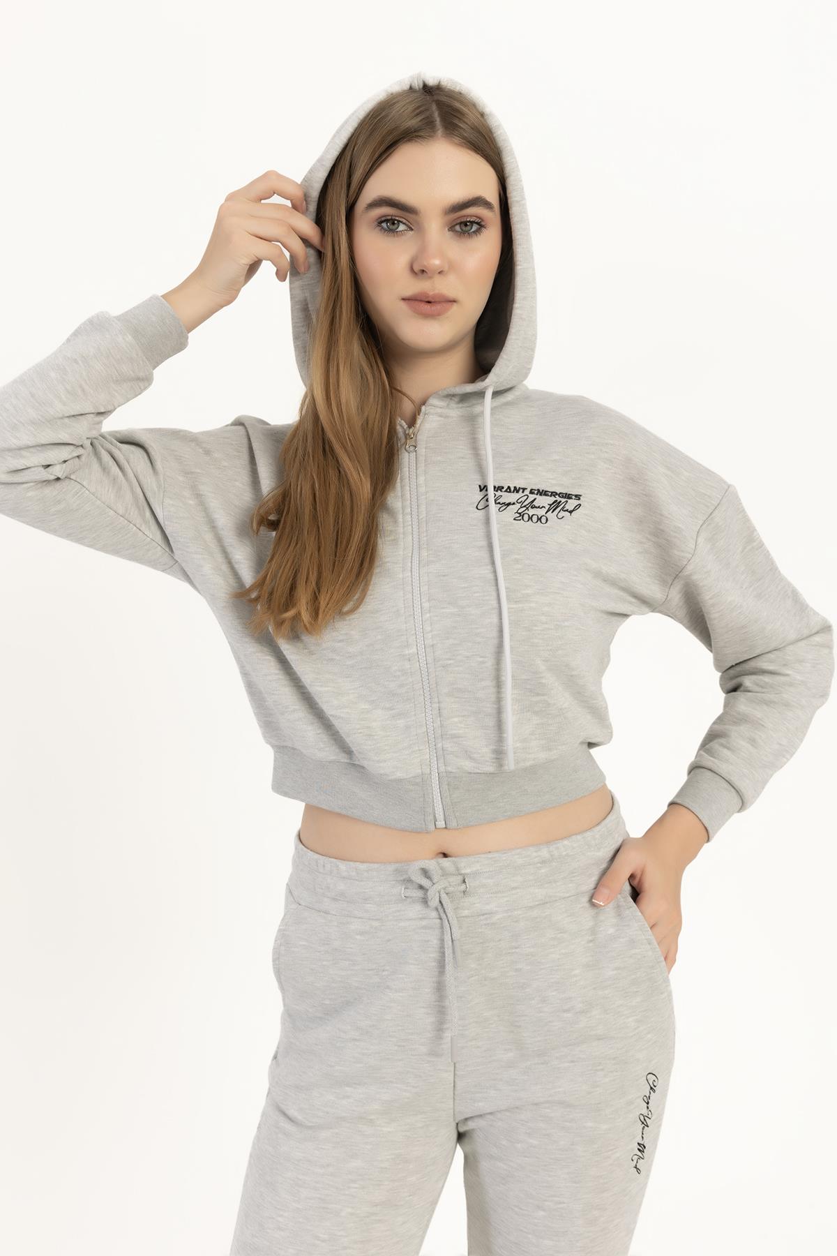 Kadın Fermuarlı 3 İplik Sweatshirt Gri Melanj