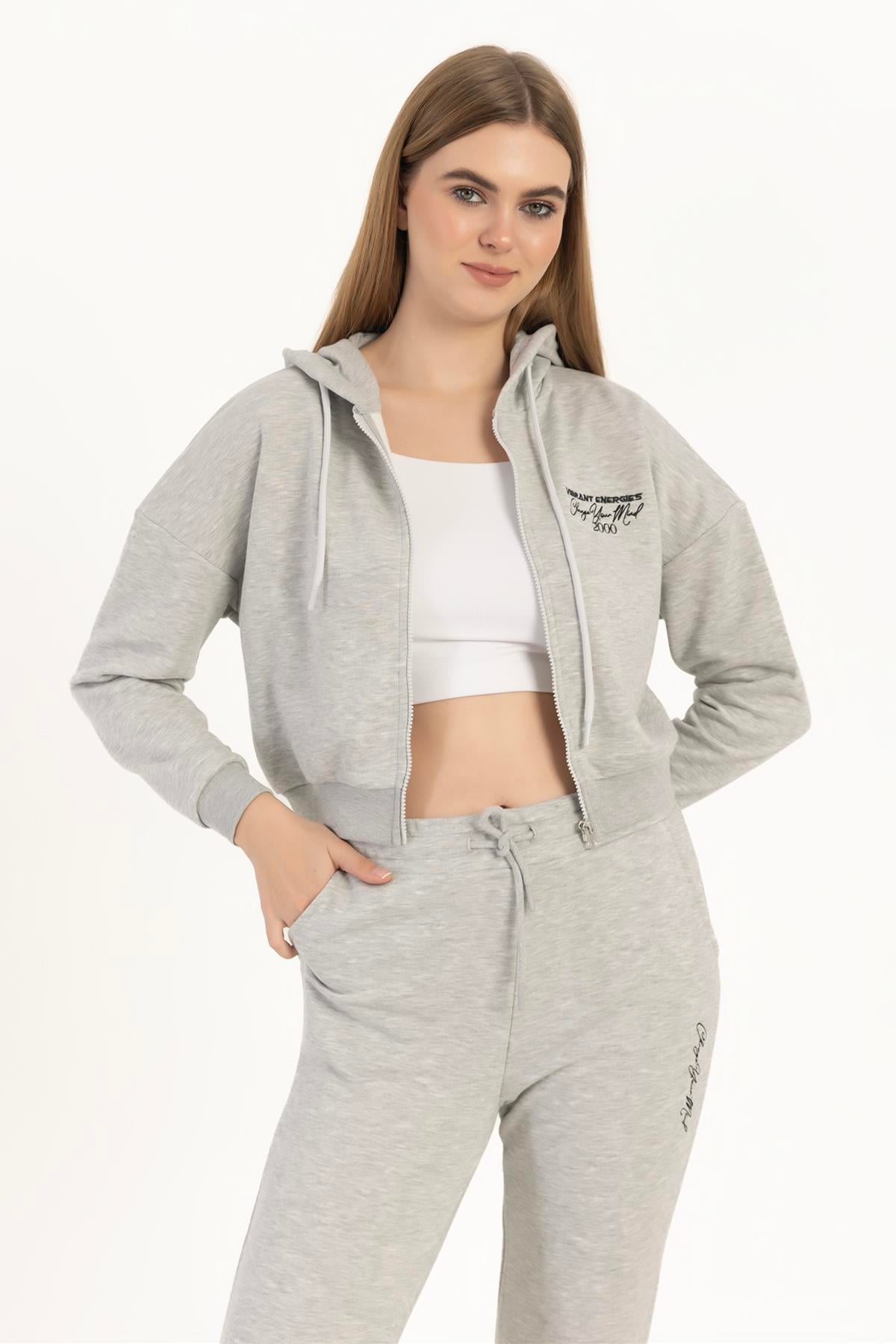 Kadın Fermuarlı 3 İplik Sweatshirt Gri Melanj