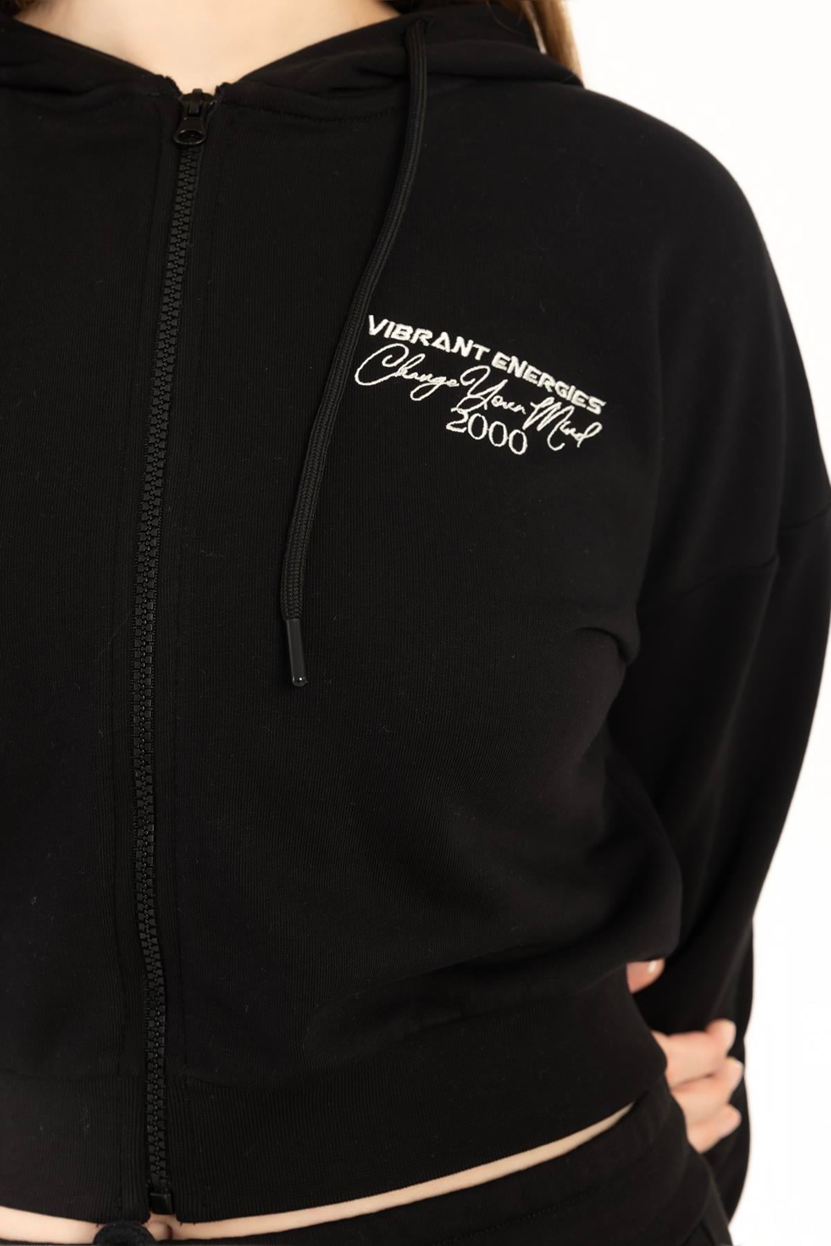 Kadın Fermuarlı 3 İplik Sweatshirt Siyah