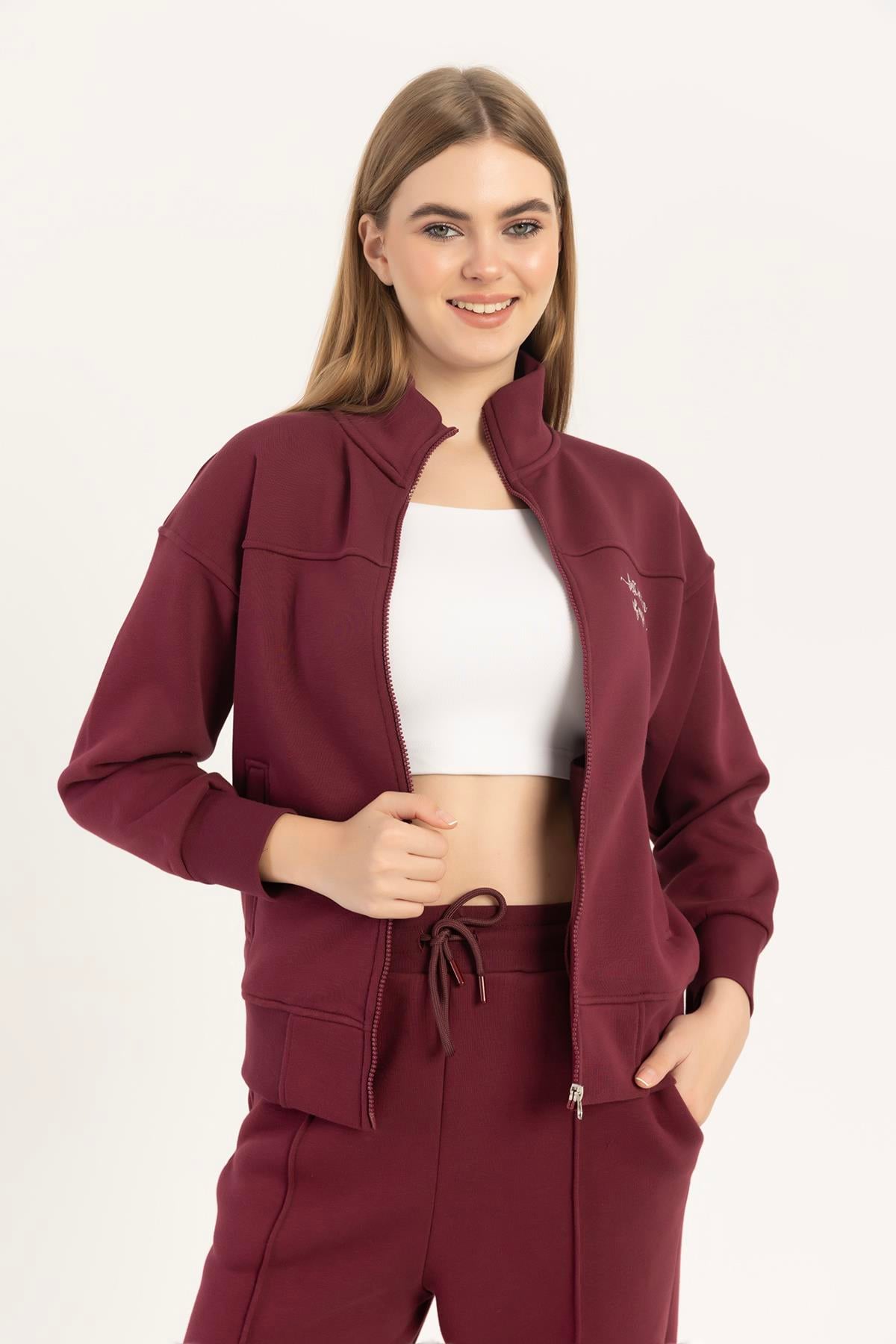 kadın Fermuarlı Dik Yaka Sweatshirt Bordo