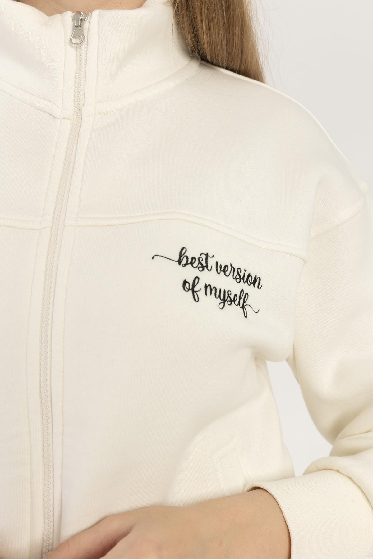 kadın Fermuarlı Dik Yaka Sweatshirt Ekru