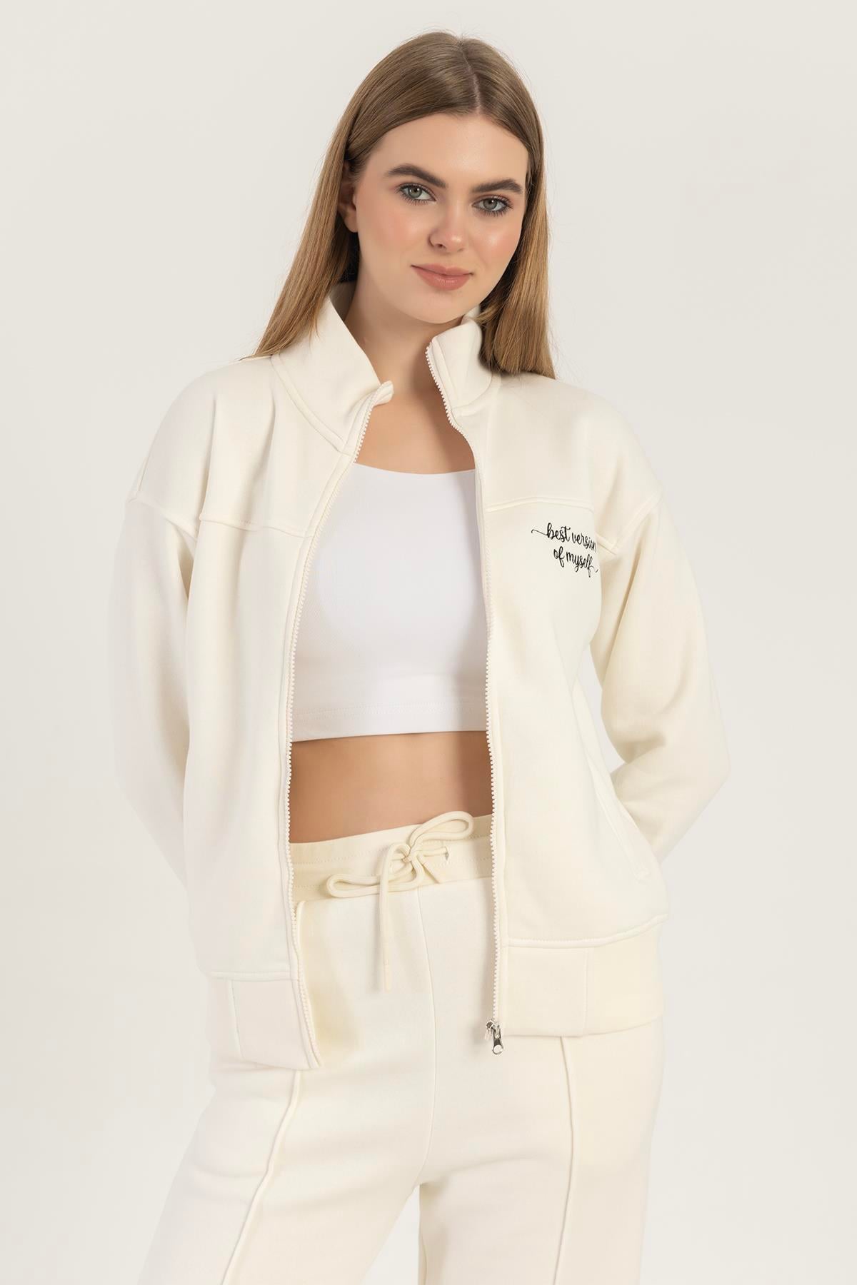 kadın Fermuarlı Dik Yaka Sweatshirt Ekru