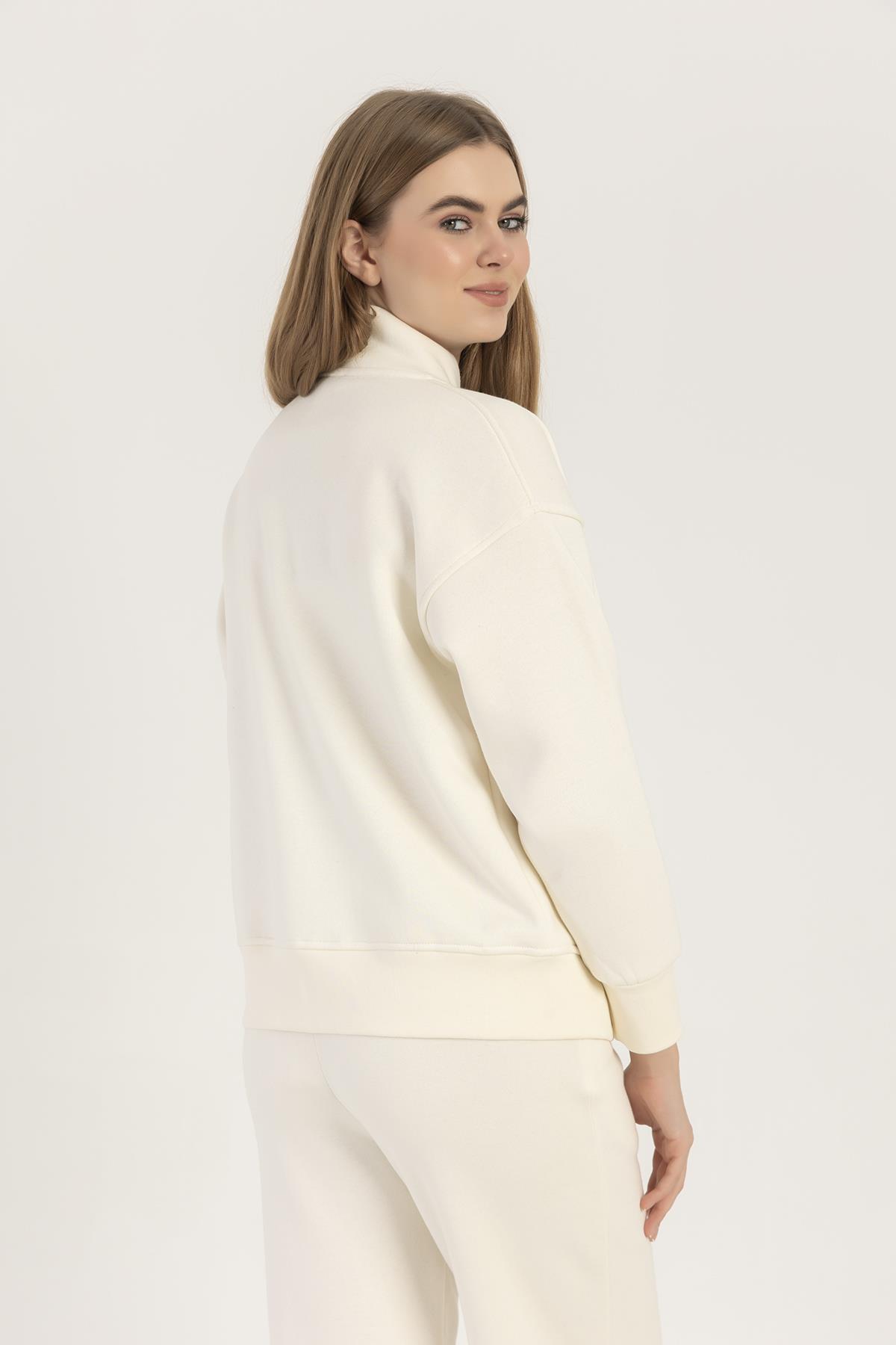 kadın Fermuarlı Dik Yaka Sweatshirt Ekru