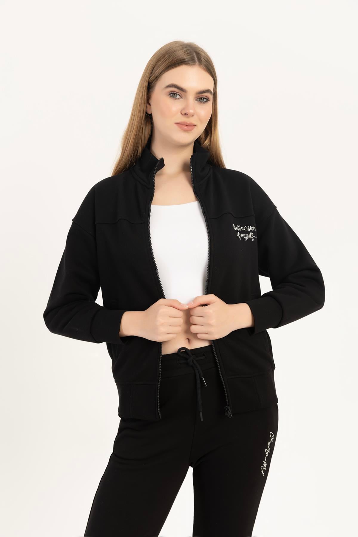 kadın Fermuarlı Dik Yaka Sweatshirt Siyah
