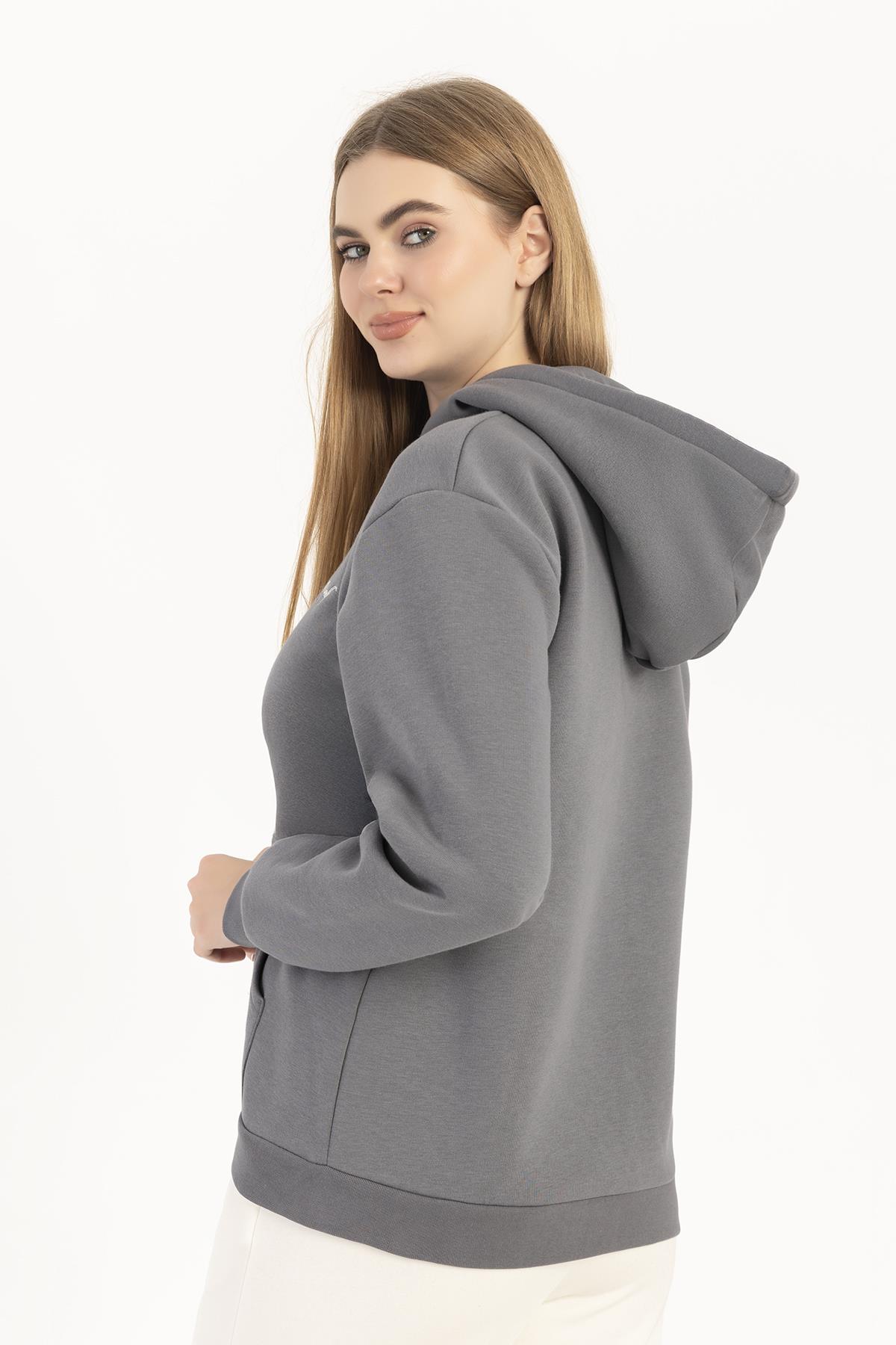 Kadın Fermuarlı Regular Fit Sweatshirt Füme