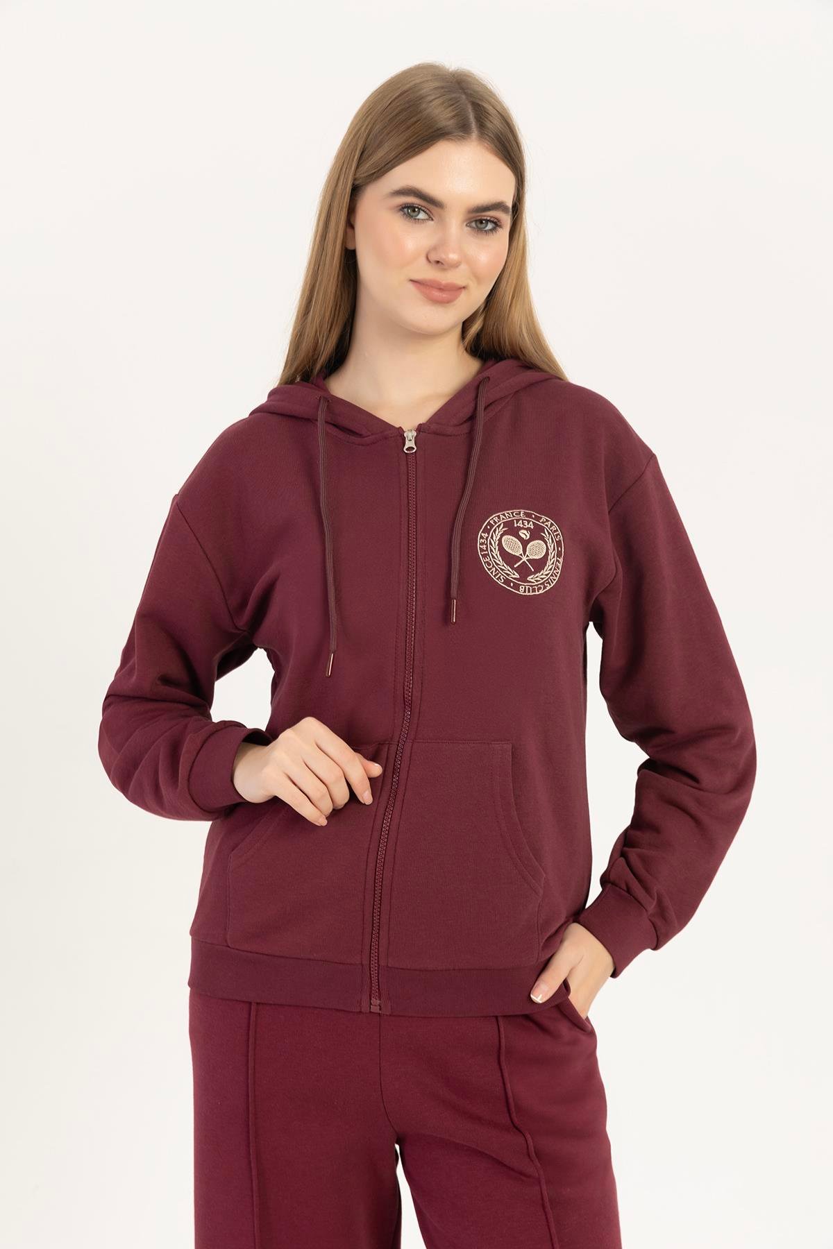 Kadın Fermuarlı Regular Fit Sweatshirt Bordo