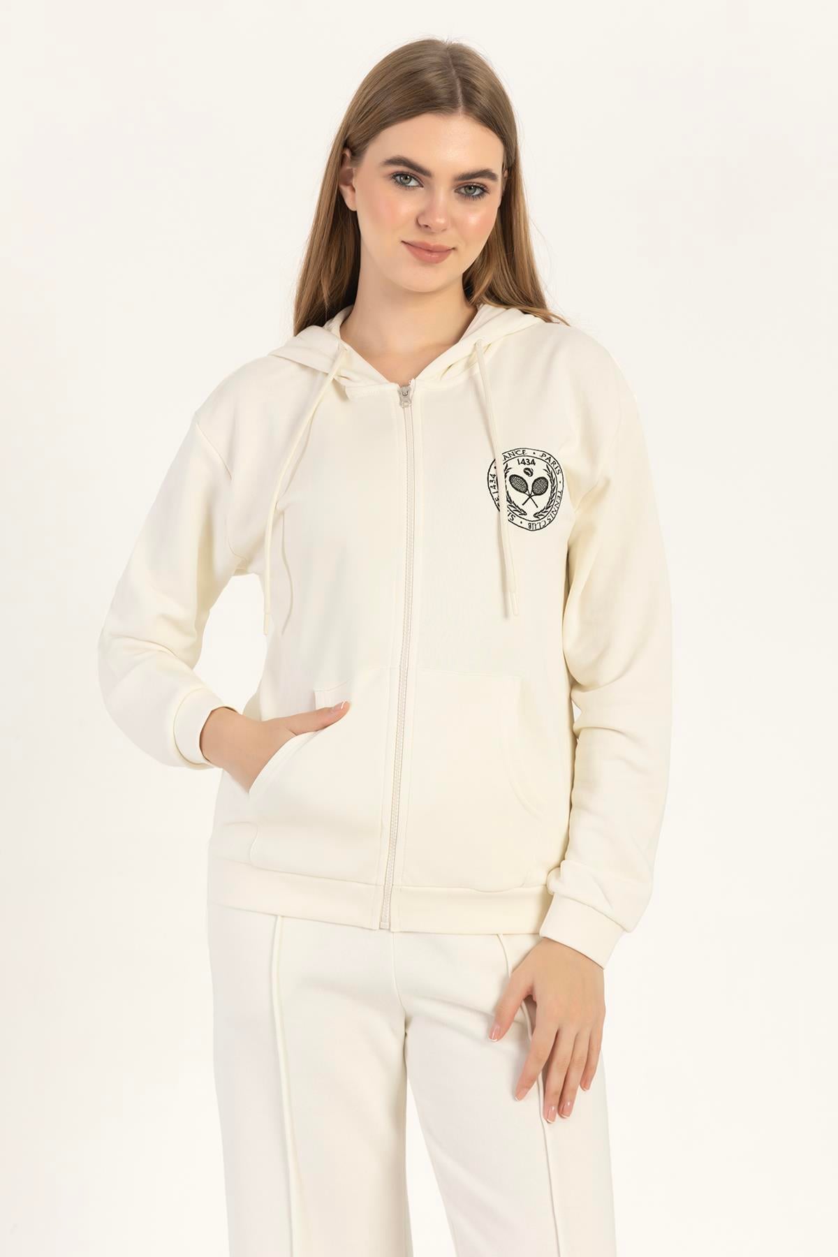 Kadın Fermuarlı Regular Fit Sweatshirt Ekru