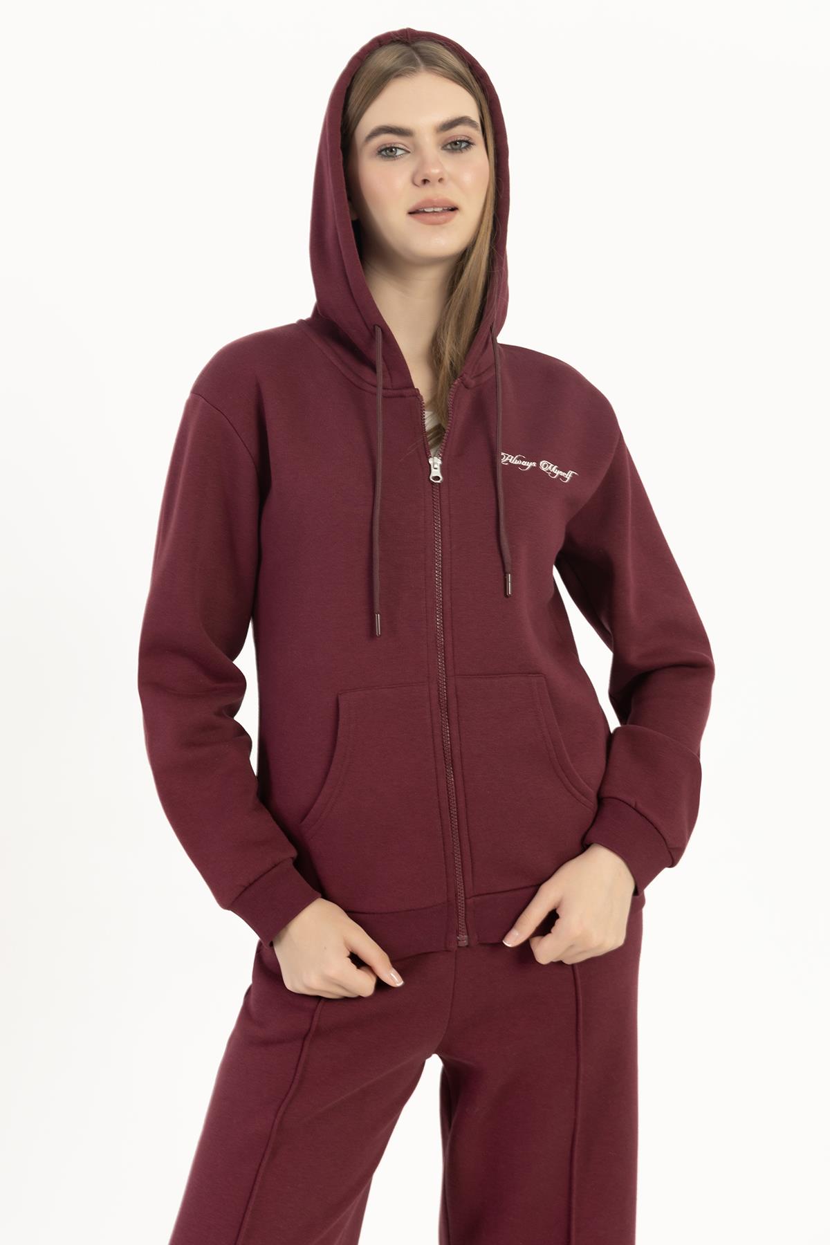 Kadın Fermuarlı Regular Fit Sweatshirt Bordo