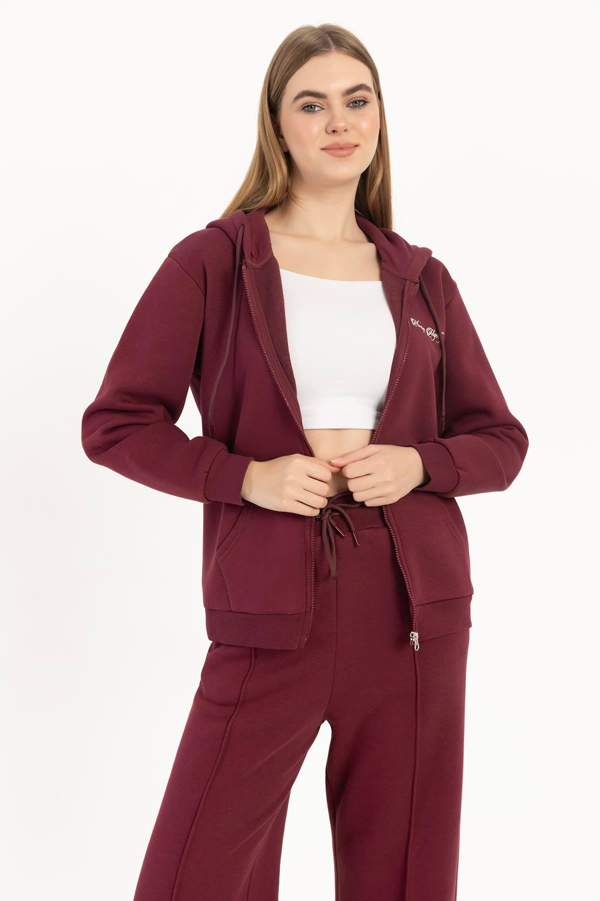 Kadın Fermuarlı Regular Fit Sweatshirt Bordo