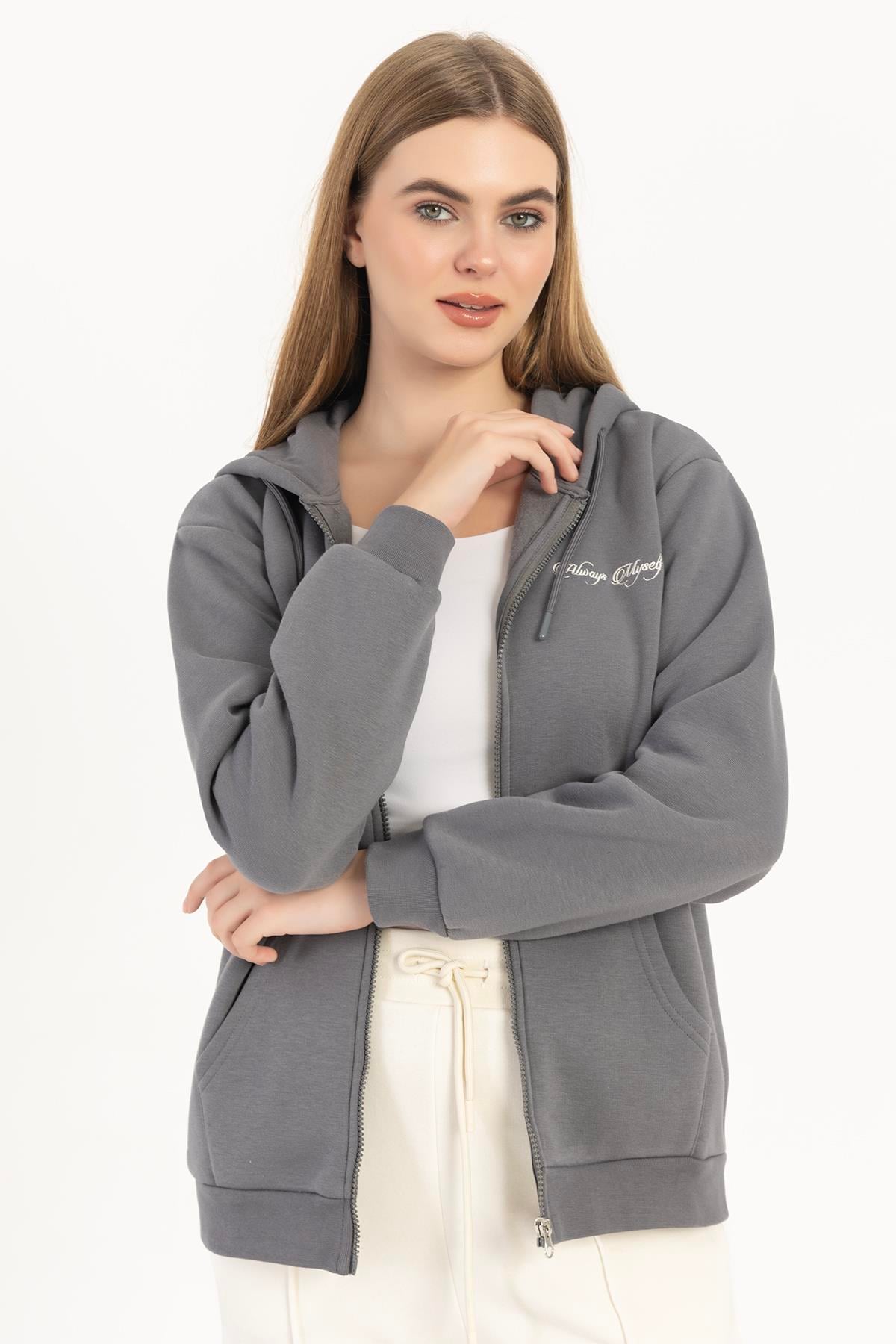 Kadın Fermuarlı Regular Fit Sweatshirt Füme