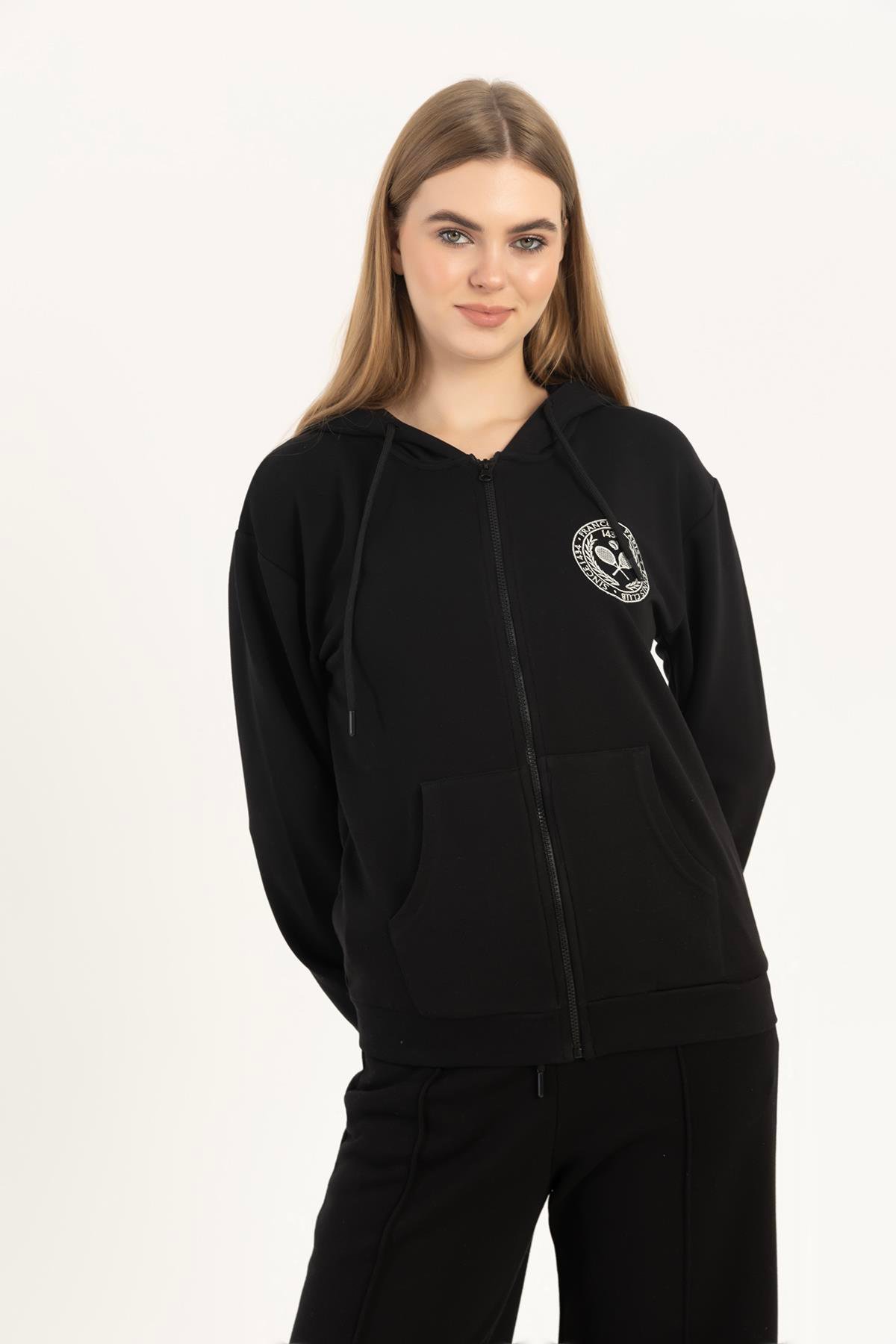 Kadın Fermuarlı Regular Fit Sweatshirt Siyah