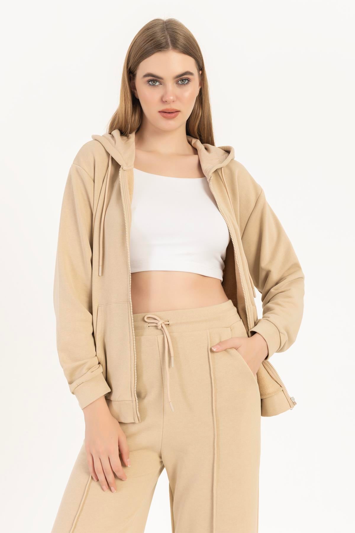 Kadın Fermuarlı Regular Fit Sweatshirt Bej