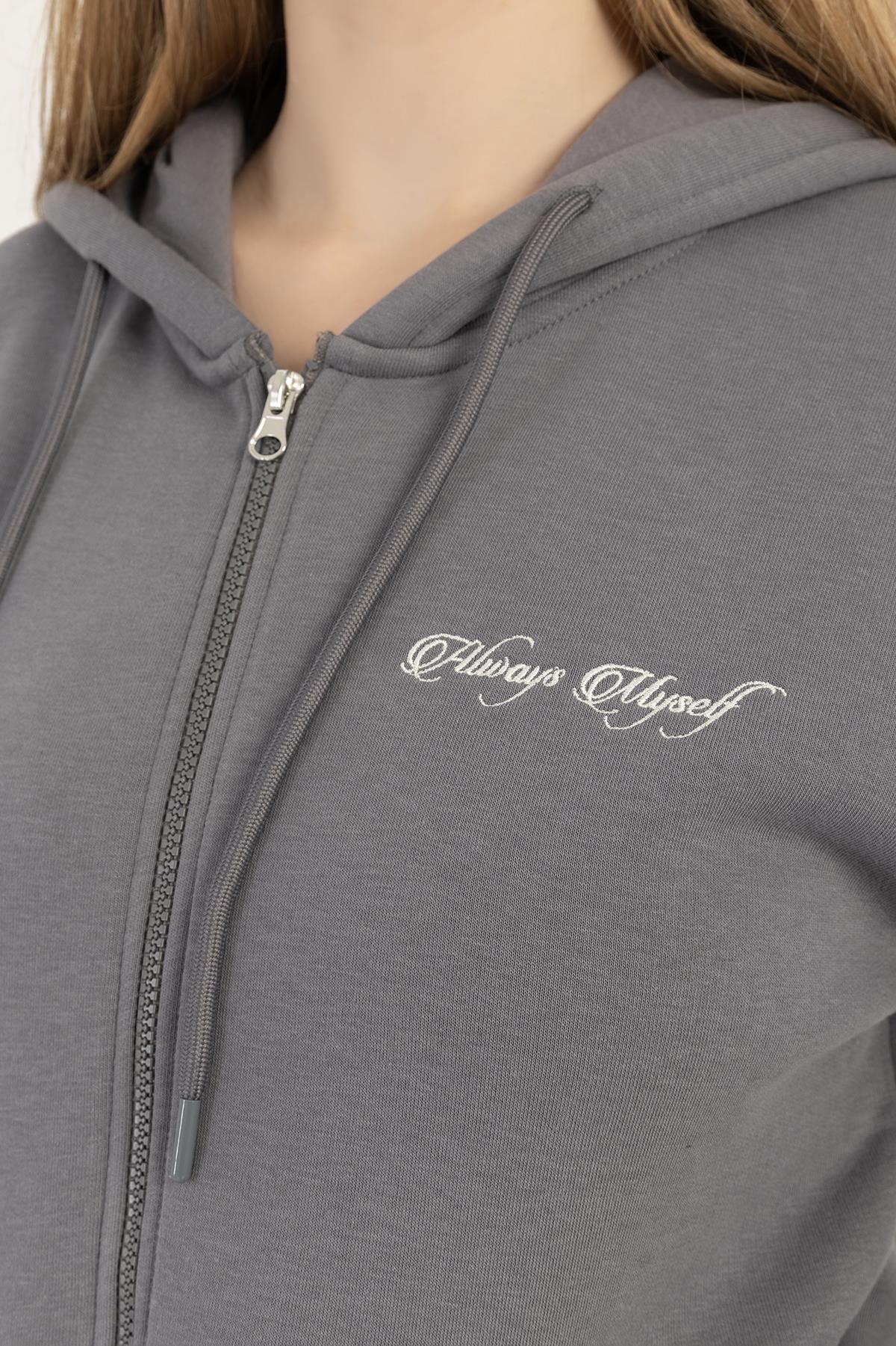 Kadın Fermuarlı Regular Fit Sweatshirt Füme