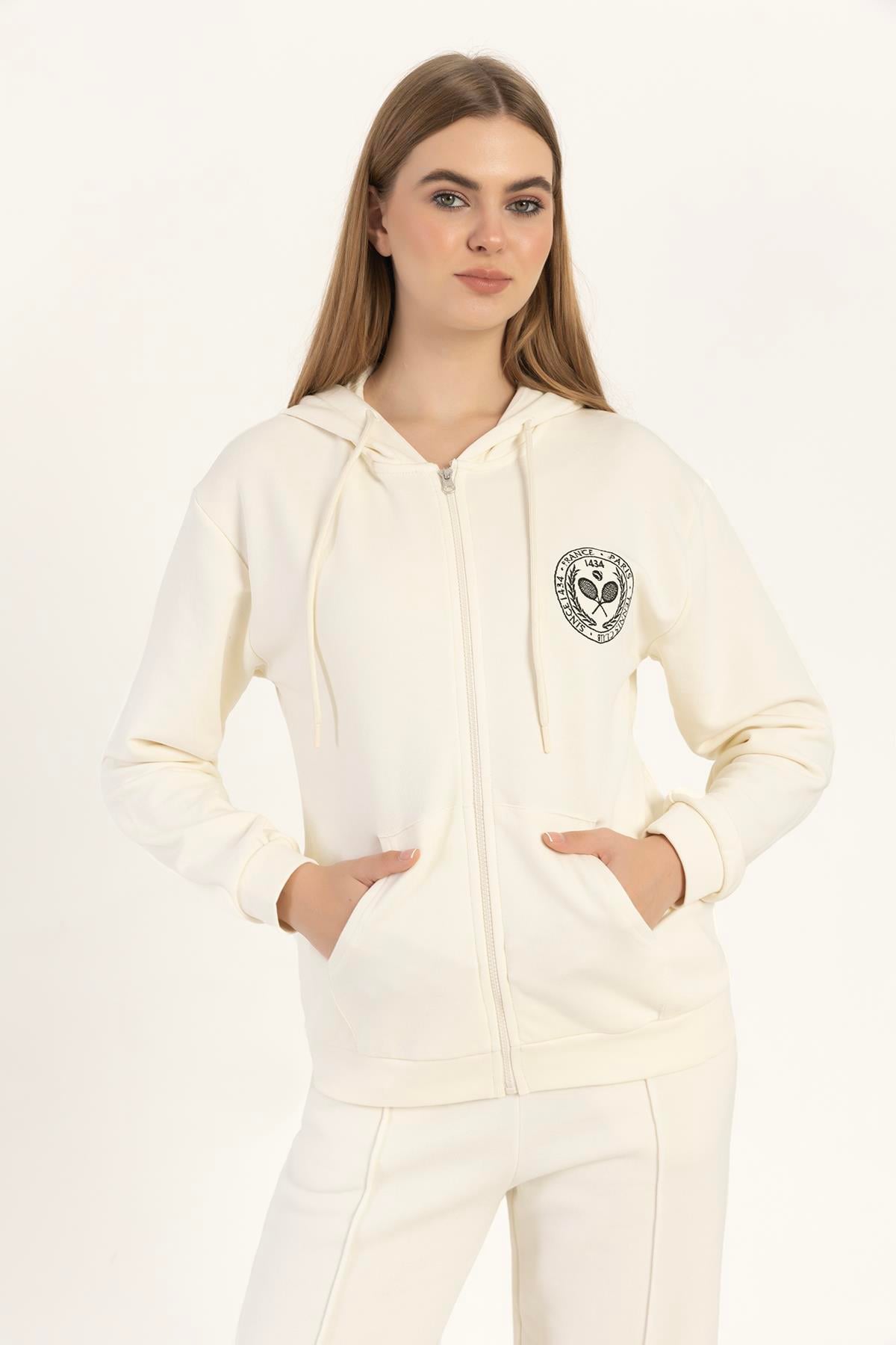 Kadın Fermuarlı Regular Fit Sweatshirt Ekru