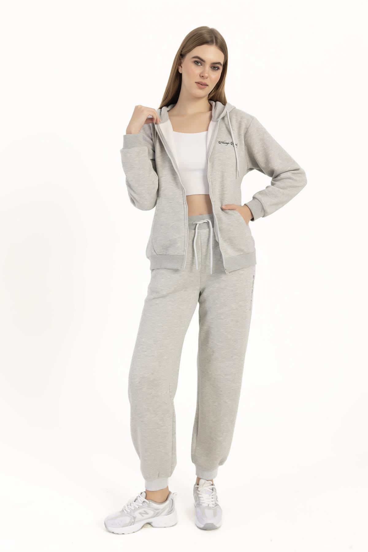 Kadın Fermuarlı Regular Fit Sweatshirt Gri Melanj