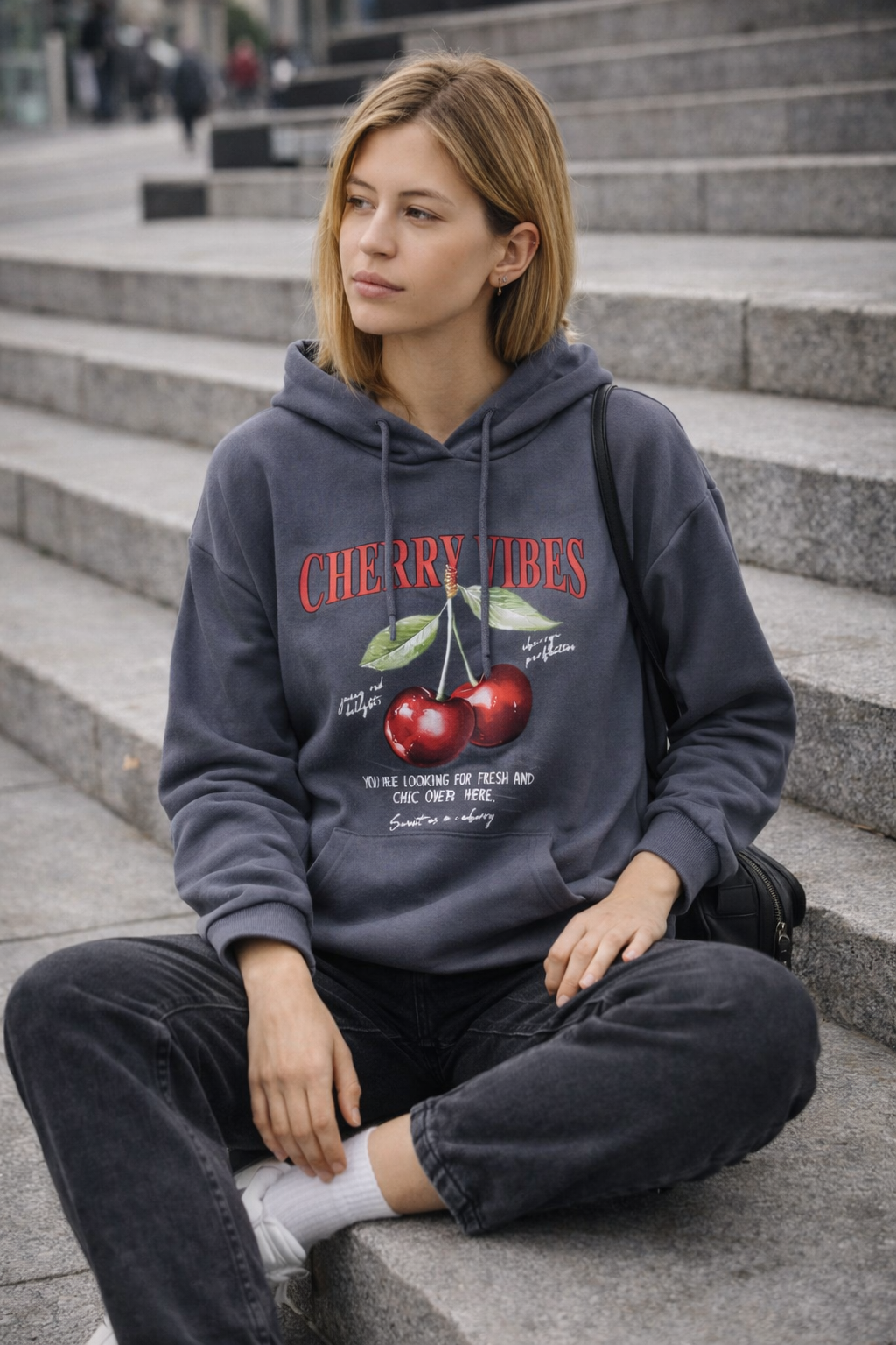 Kadın Füme Kiraz Baskılı Oversize Kapüşonlu Sweatshirt Hoodie