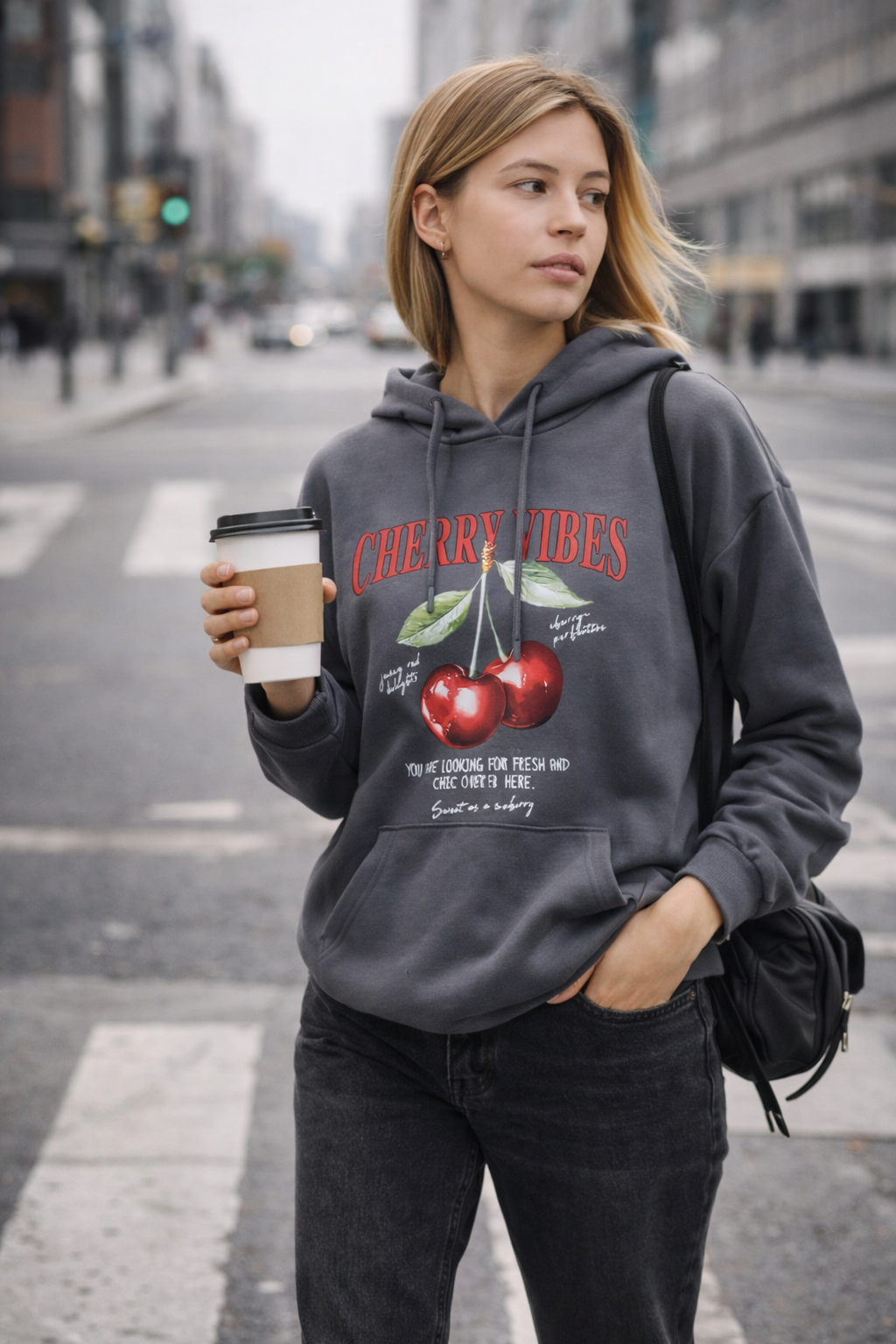 Kadın Füme Kiraz Baskılı Oversize Kapüşonlu Sweatshirt Hoodie