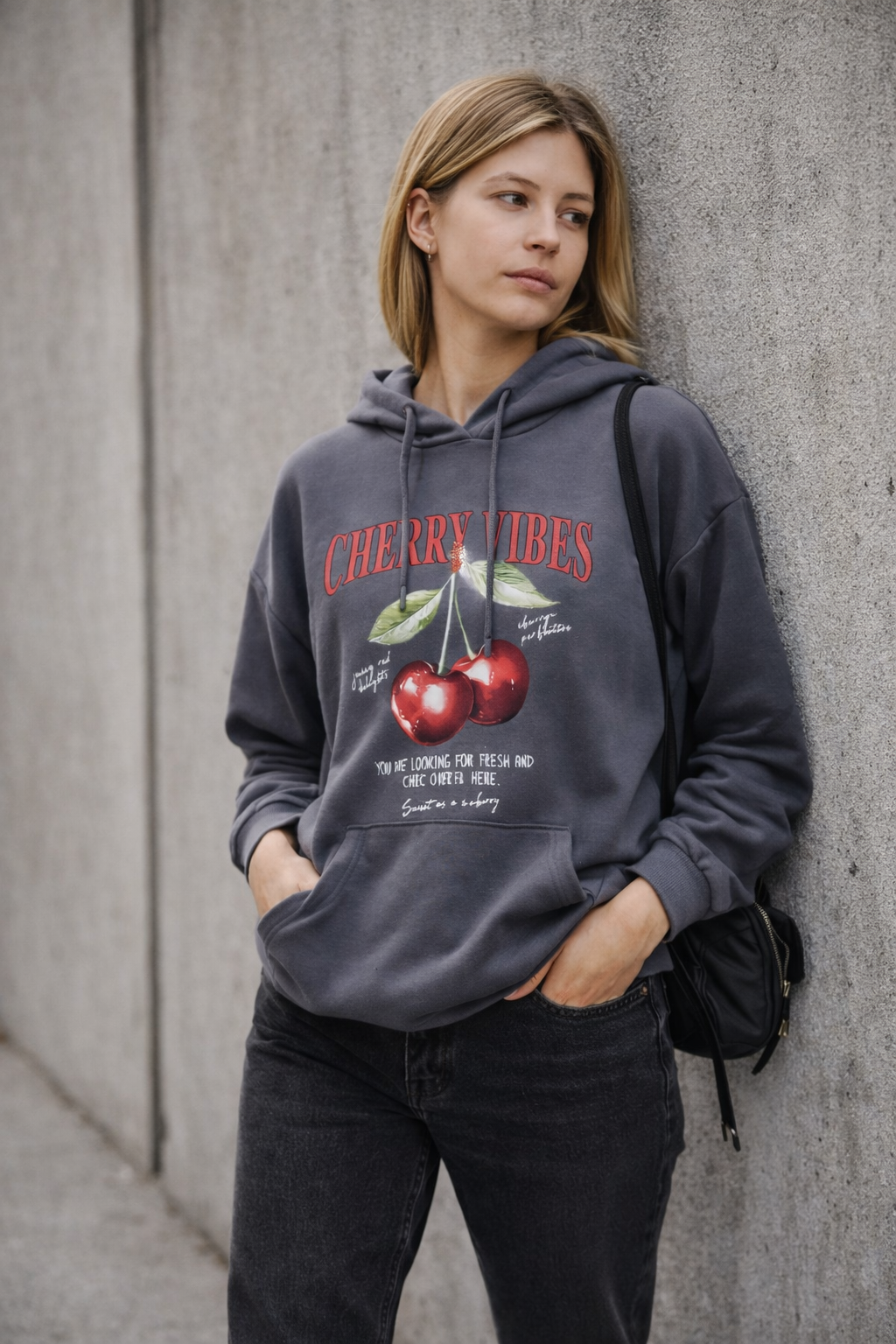 Kadın Füme Kiraz Baskılı Oversize Kapüşonlu Sweatshirt Hoodie