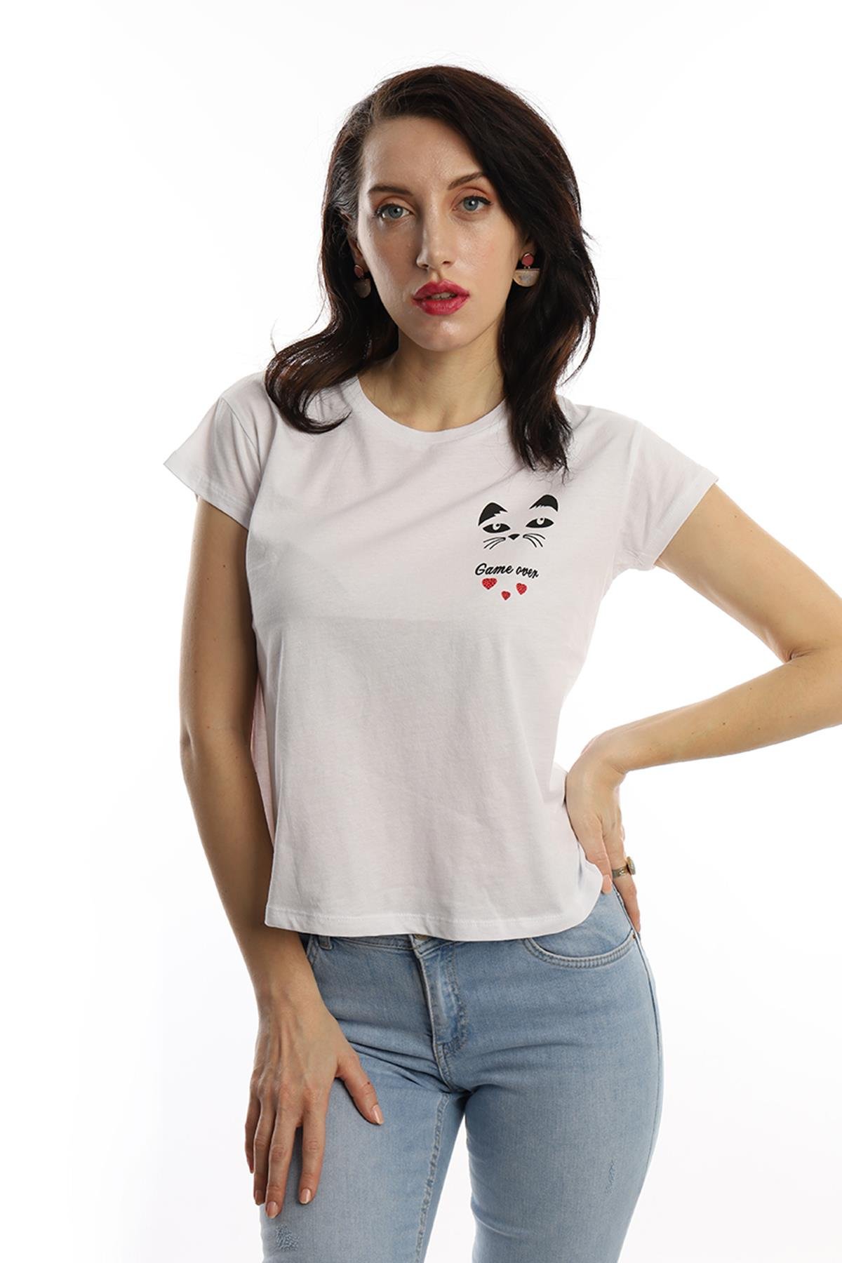 Kadın Bisiklet Yaka Game Over Kedi Baskılı Regular Fit Tişört Beyaz Kadın Bisiklet Yaka Game Over Kedi Baskılı Regular Fit Tişört Beyaz