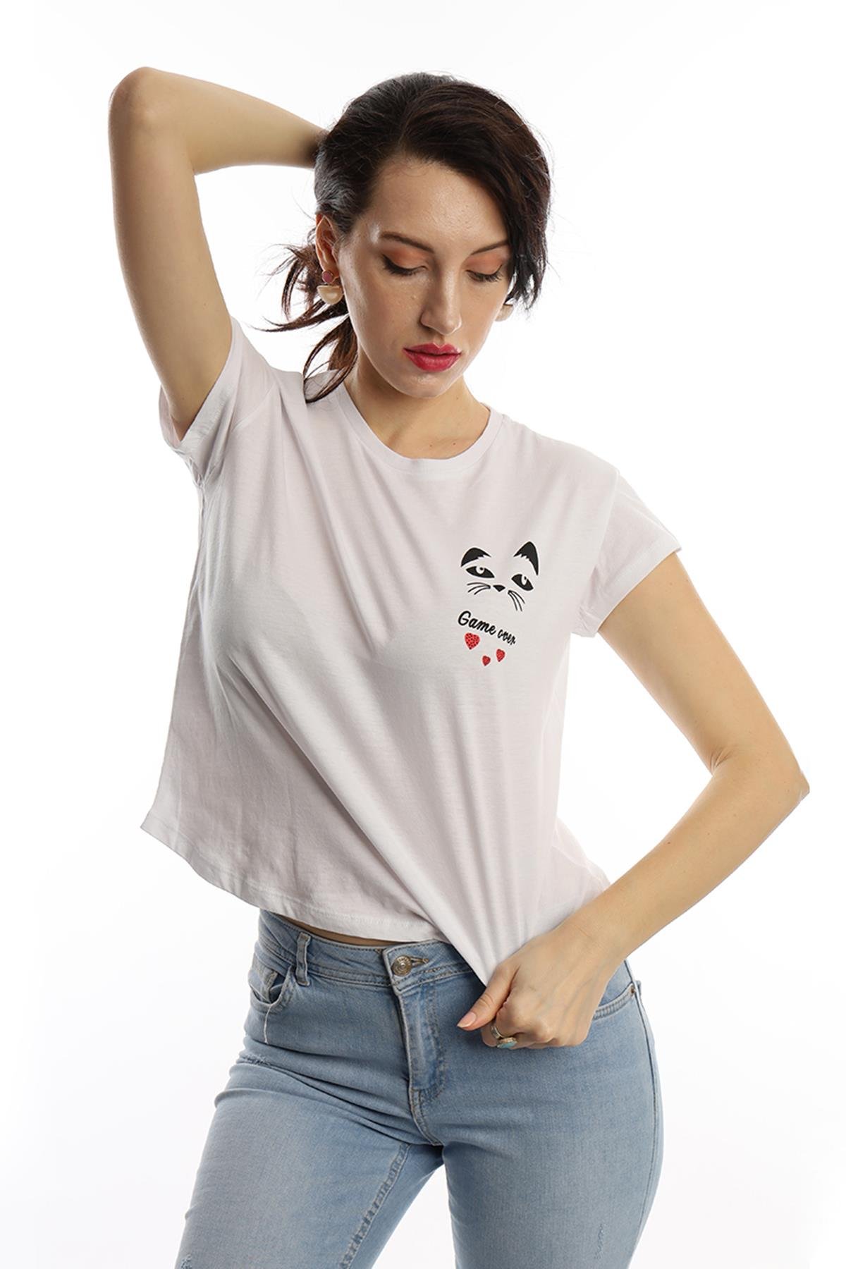 Kadın Bisiklet Yaka Game Over Kedi Baskılı Regular Fit Tişört Beyaz Kadın Bisiklet Yaka Game Over Kedi Baskılı Regular Fit Tişört Beyaz