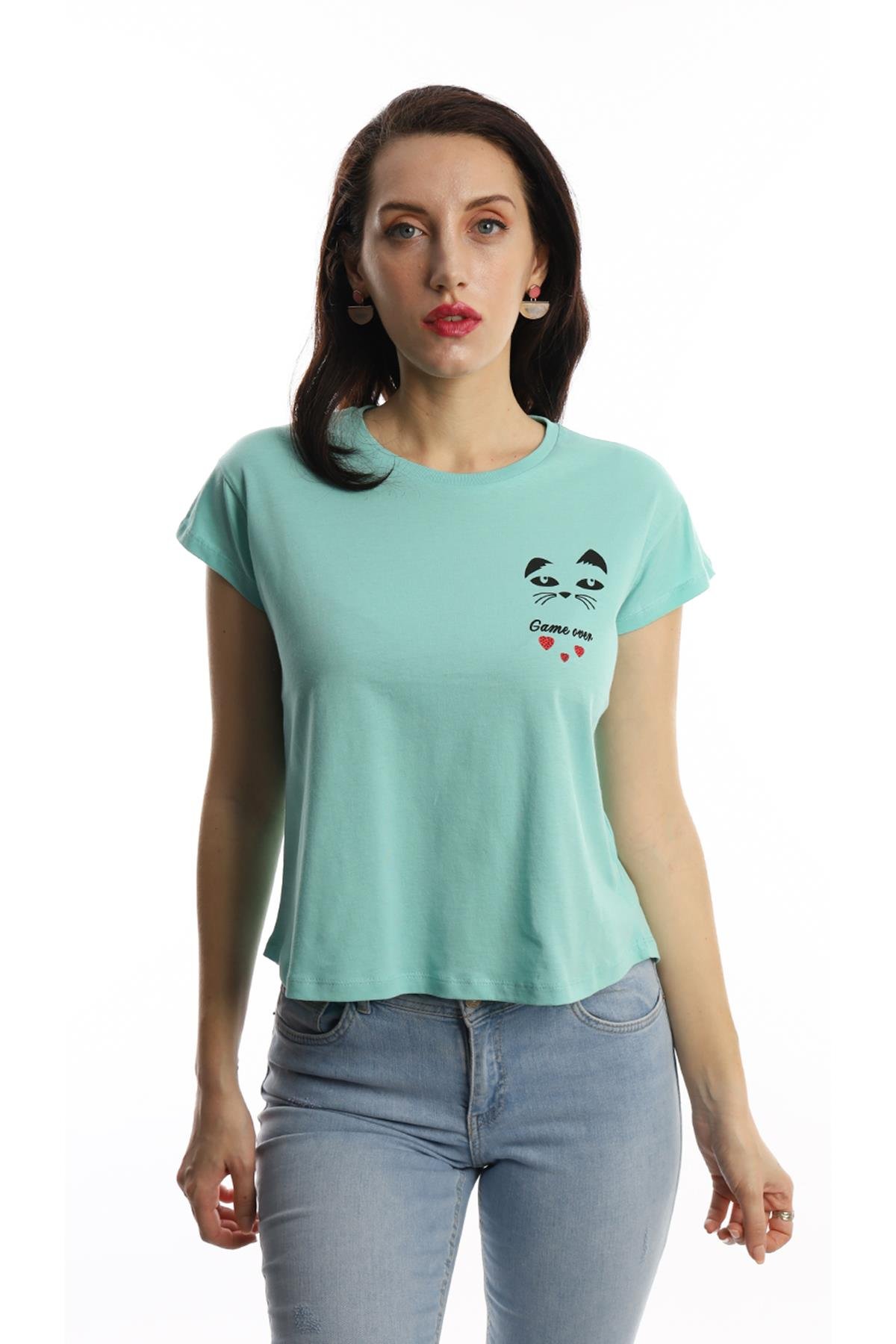Kadın Bisiklet Yaka Game Over Kedi Baskılı Regular Fit Tişört Turkuaz Kadın Bisiklet Yaka Game Over Kedi Baskılı Regular Fit Tişört Turkuaz