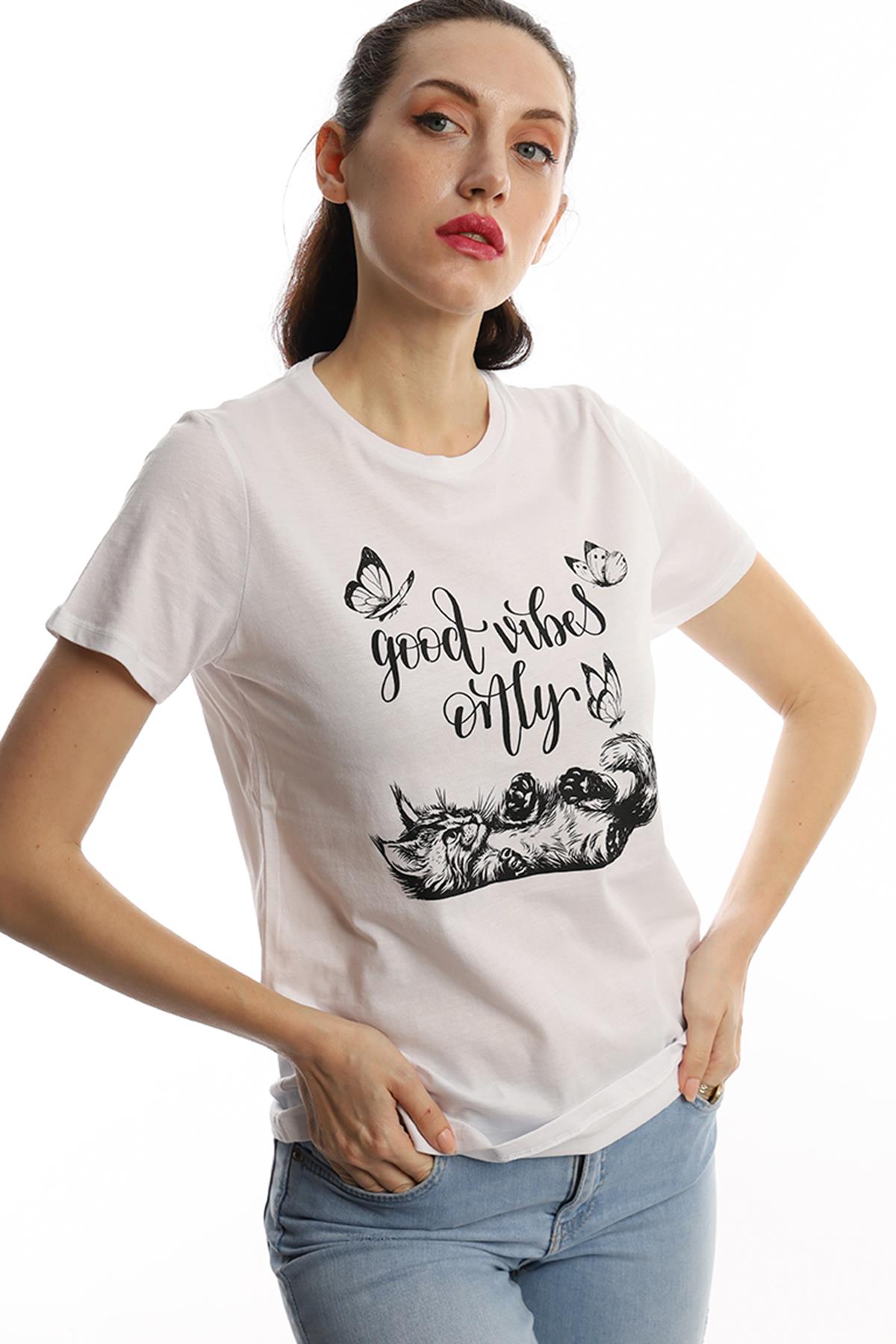 Kadın Good Vibes Only Yazı Baskılı Tişört Beyaz