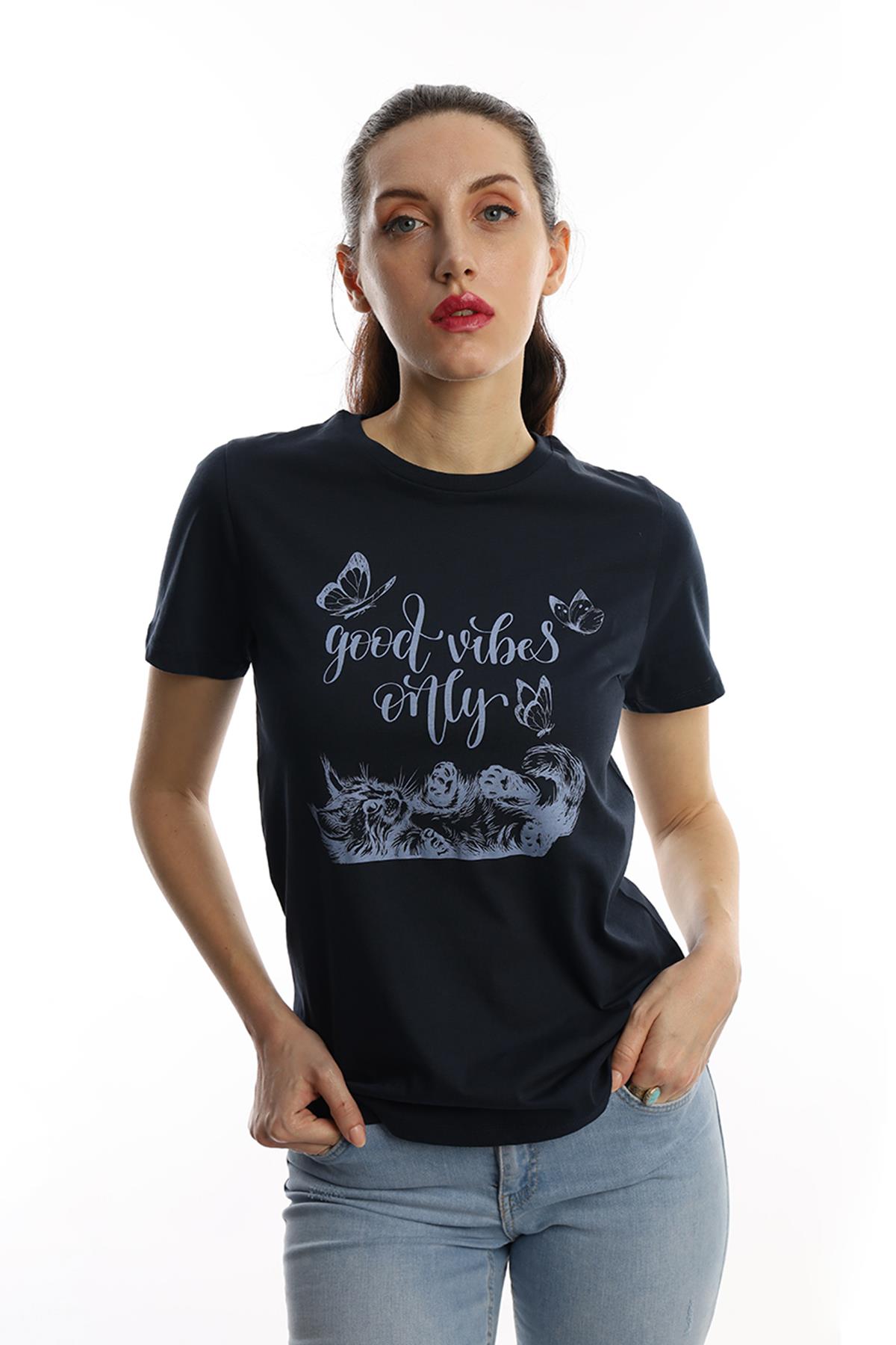 Kadın Good Vibes Only Yazı Baskılı Tişört Lacivert