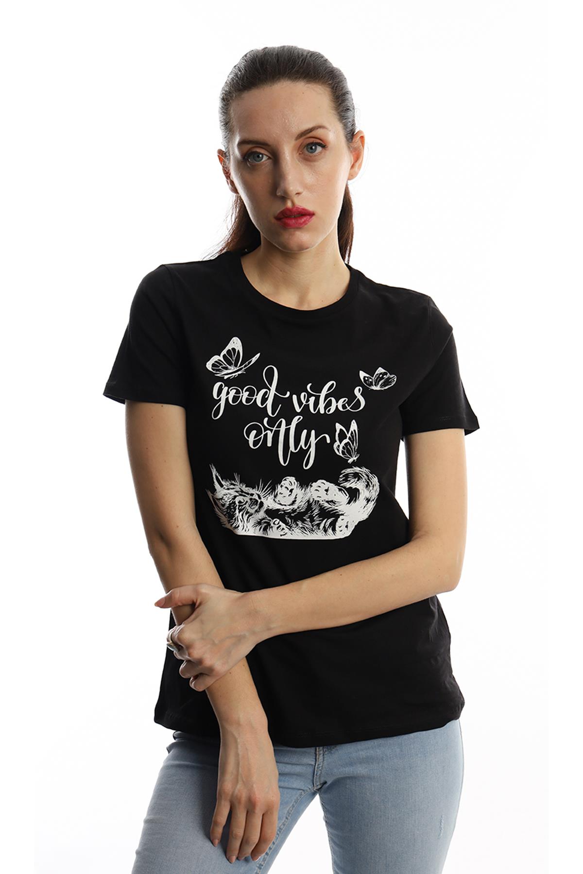 Kadın Good Vibes Only Yazı Baskılı Tişört Siyah