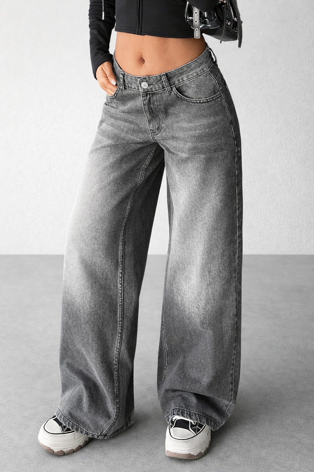 Kadın Gri Yıkamalı Bol Paça Düşük Bel Wide Leg Jean Pantolon