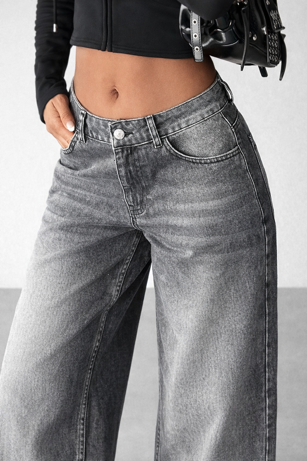 Kadın Gri Yıkamalı Bol Paça Düşük Bel Wide Leg Jean Pantolon