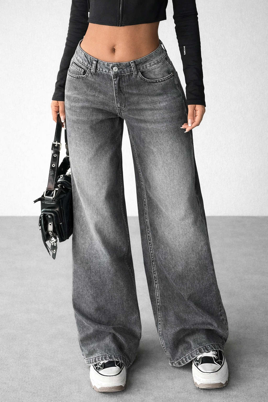 Kadın Gri Yıkamalı Bol Paça Düşük Bel Wide Leg Jean Pantolon