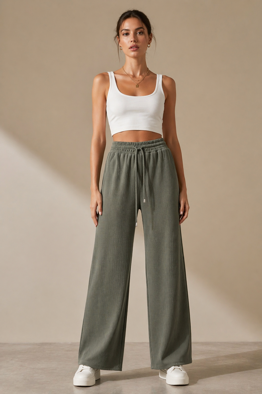 Kadın Haki Fitilli Wide Leg Pantolon Lastik Bel Kordonlu