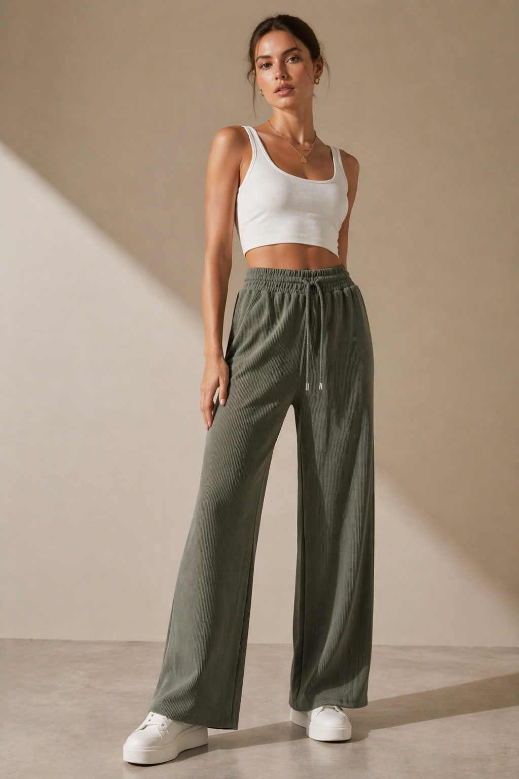 Kadın Haki Fitilli Wide Leg Pantolon Lastik Bel Kordonlu