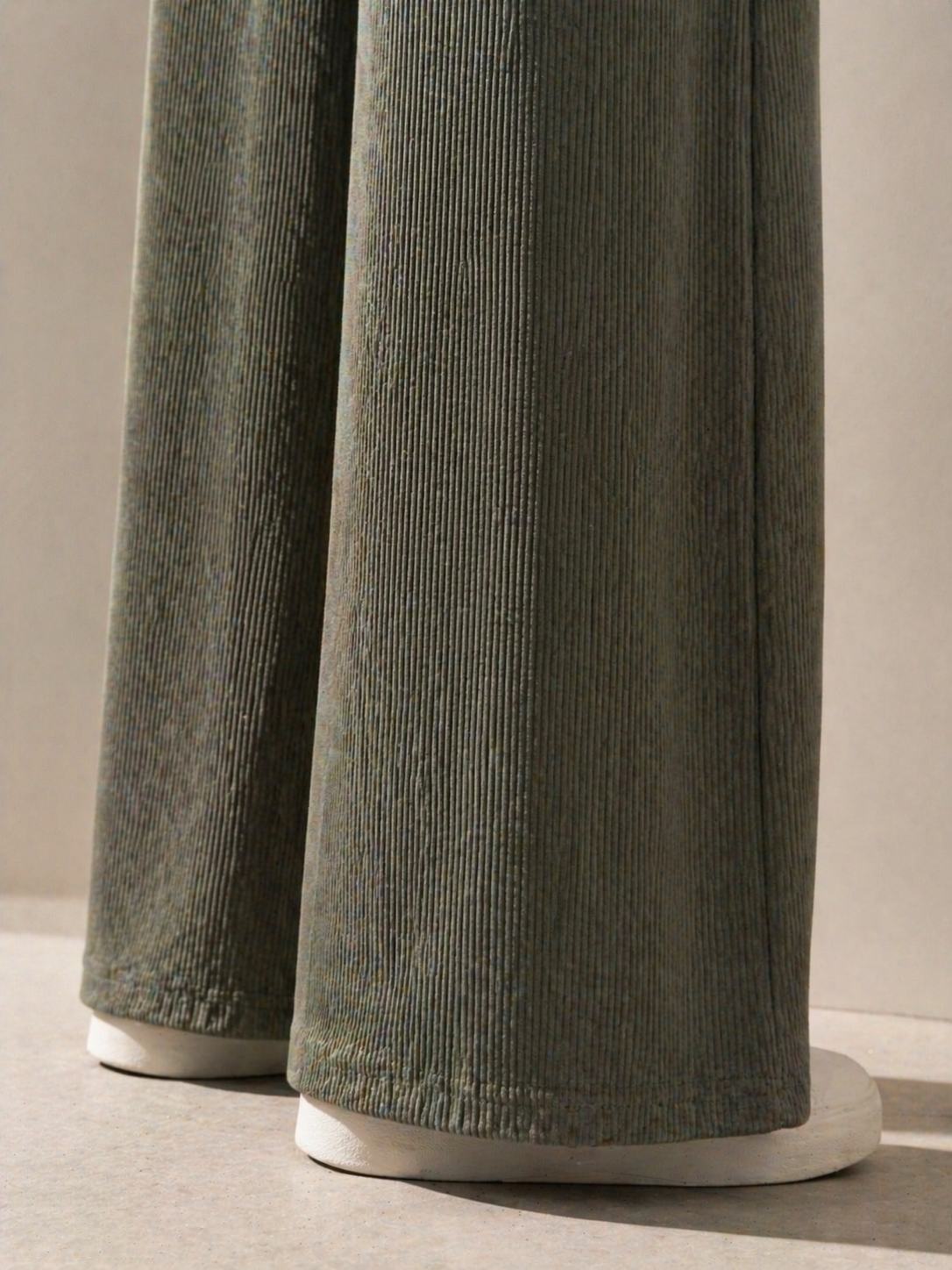 Kadın Haki Fitilli Wide Leg Pantolon Lastik Bel Kordonlu