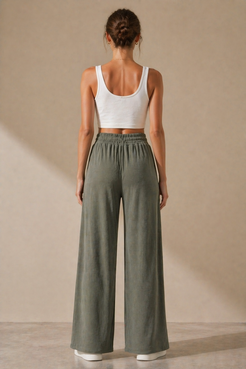Kadın Haki Fitilli Wide Leg Pantolon Lastik Bel Kordonlu
