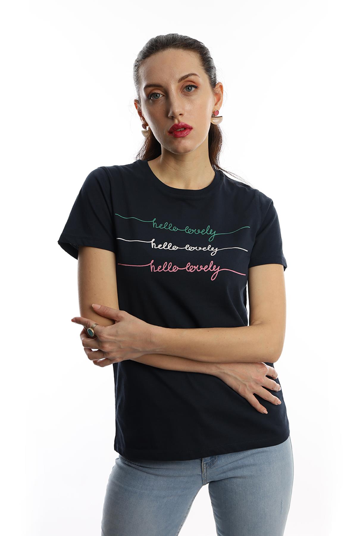 Kadın Hello Lovely Yazı Baskılı Tişört Lacivert
