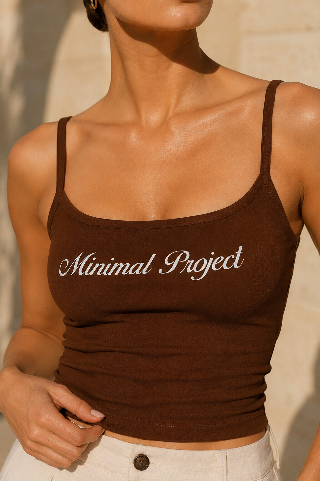 Kadın Kahverengi Minimal Project Baskılı İnce Askılı Crop Atlet