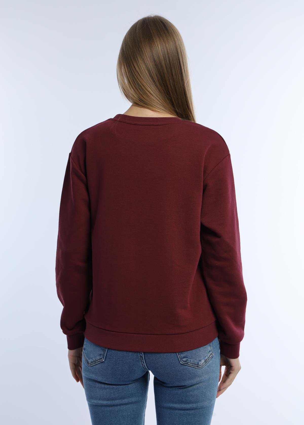 Kadın Kalp Baskılı 3 İplik Şardonsuz Sweatshirt Bordo