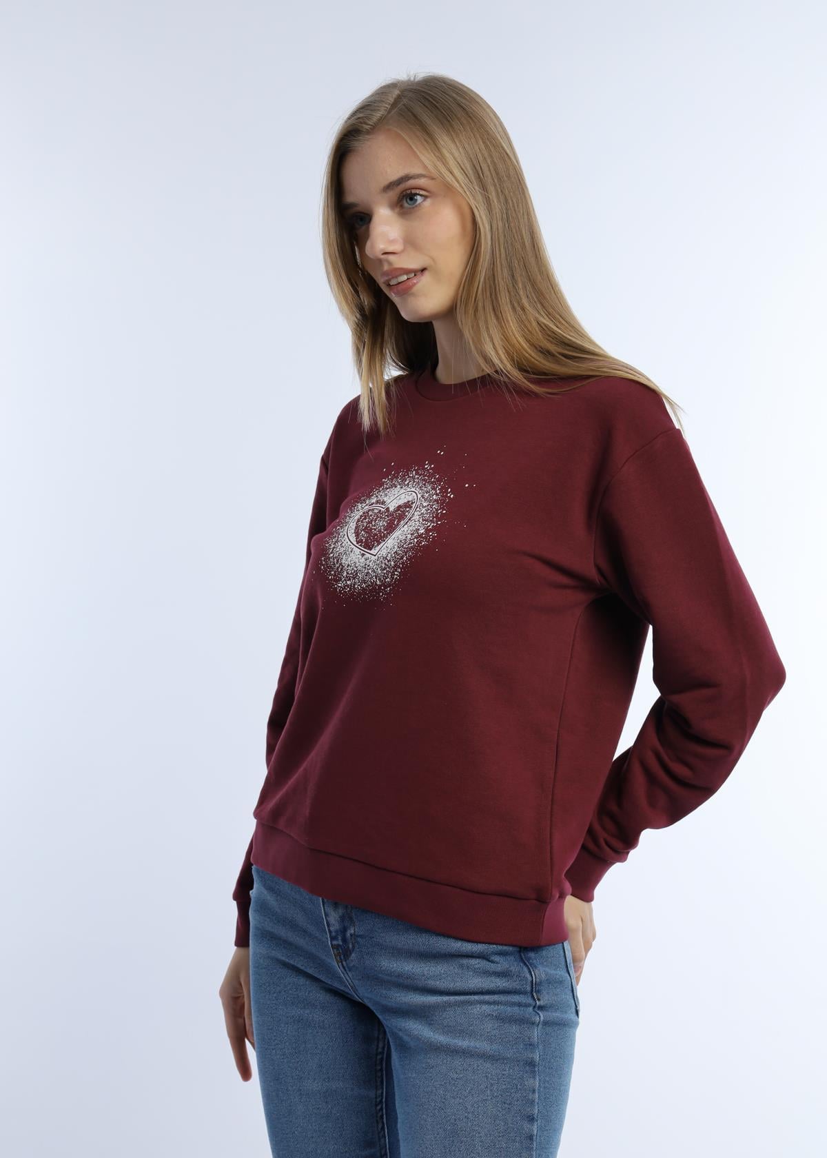 Kadın Kalp Baskılı 3 İplik Şardonsuz Sweatshirt Bordo