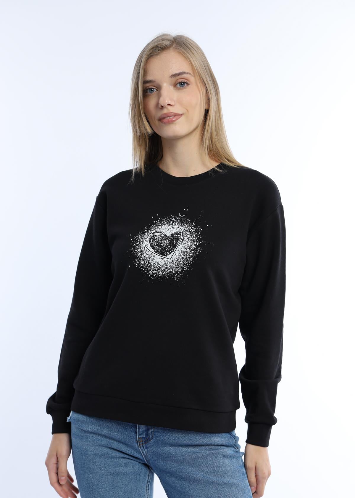 Kadın Kalp Baskılı 3 İplik Şardonsuz Sweatshirt Siyah
