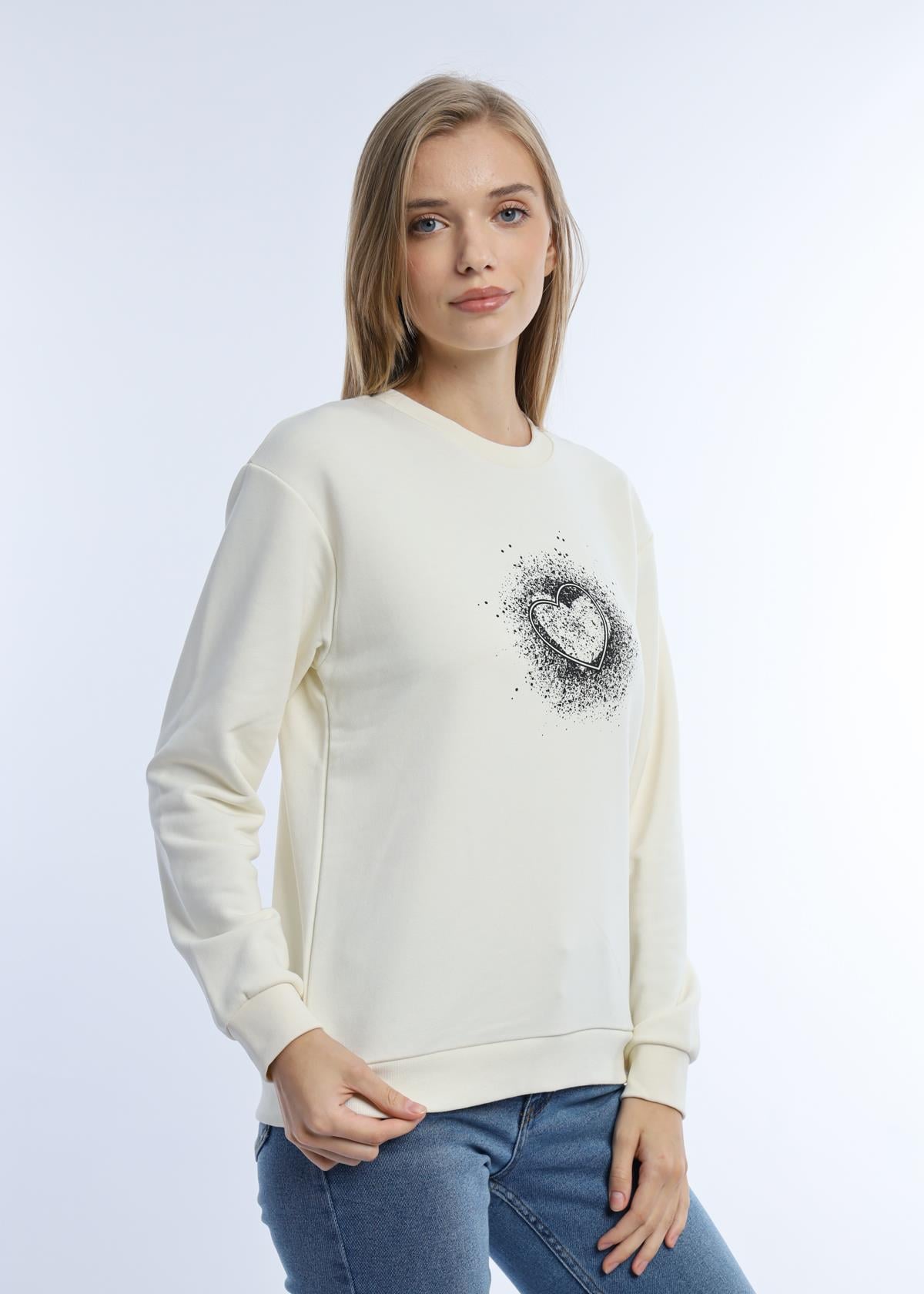 Kadın Kalp Baskılı 3 İplik Şardonsuz Sweatshirt Ekru