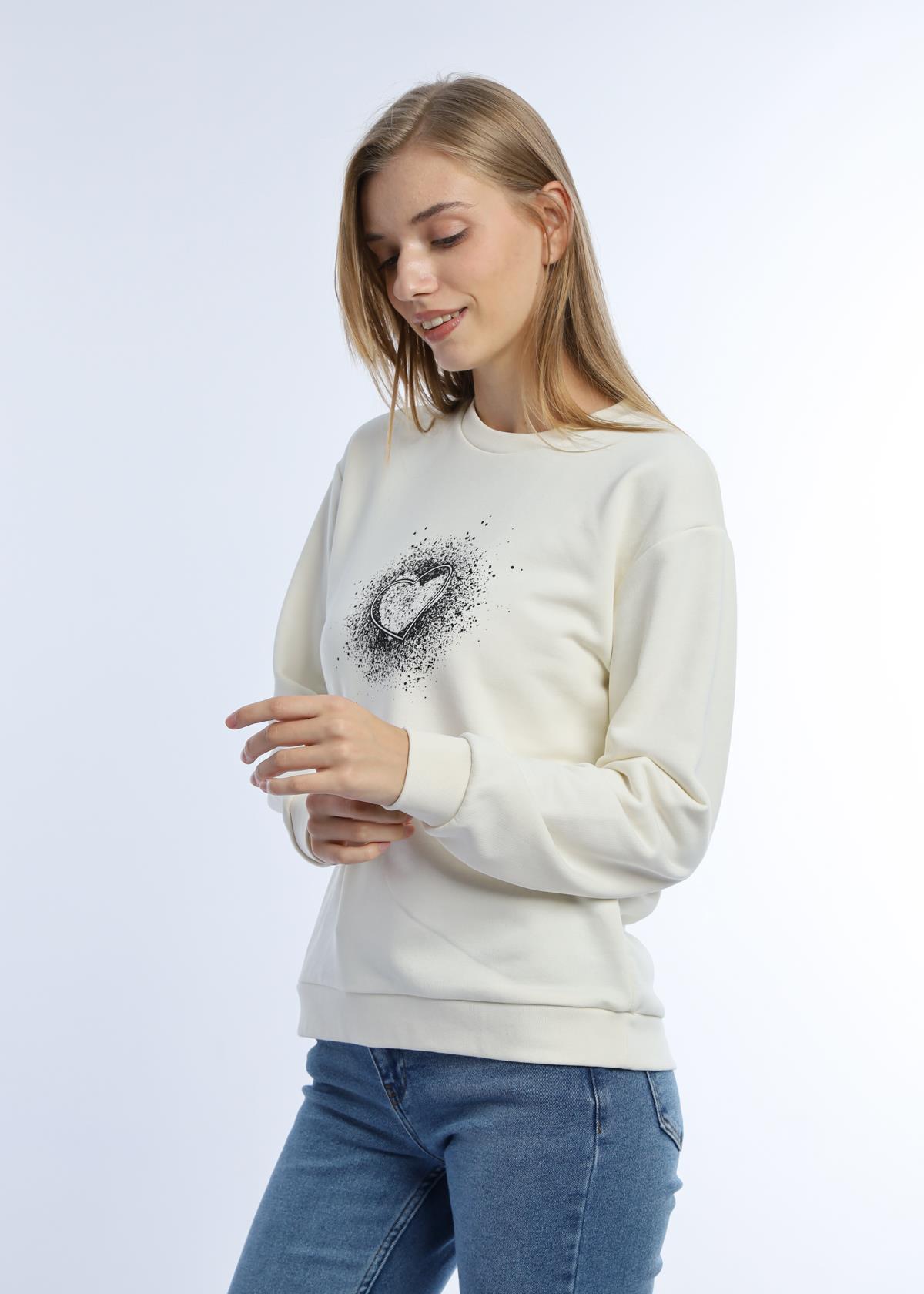 Kadın Kalp Baskılı 3 İplik Şardonsuz Sweatshirt Ekru
