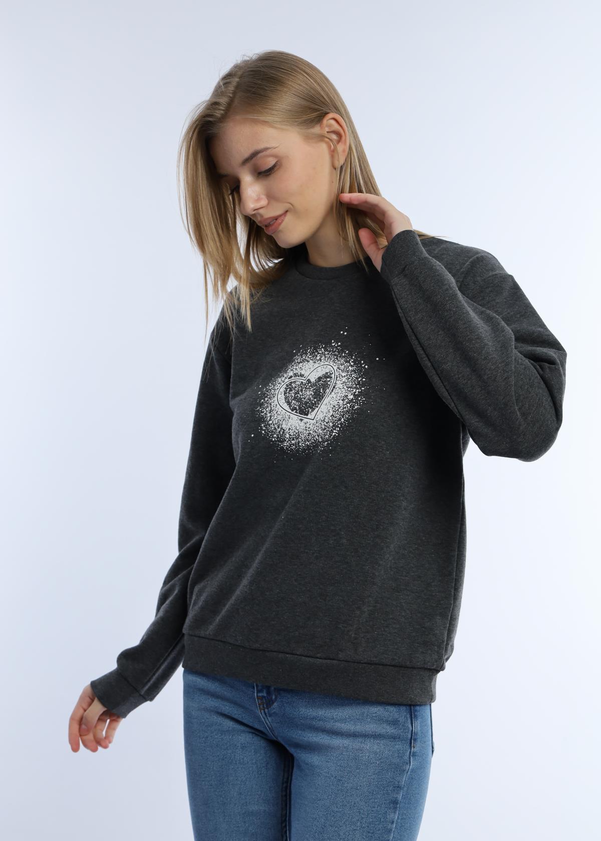 Kadın Kalp Baskılı 3 İplik Şardonsuz Sweatshirt Antrasit Melanj