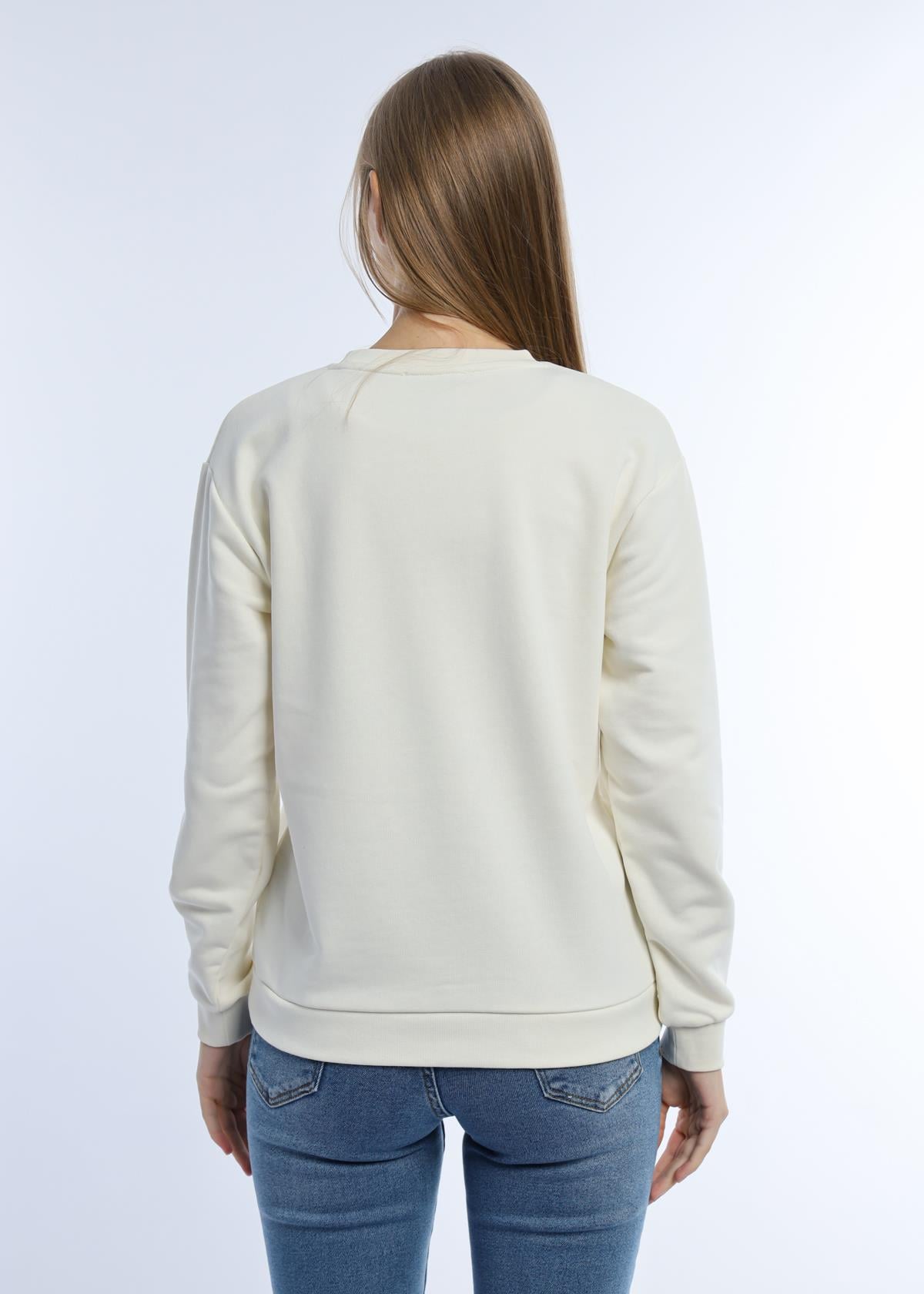 Kadın Kalp Baskılı 3 İplik Şardonsuz Sweatshirt Ekru