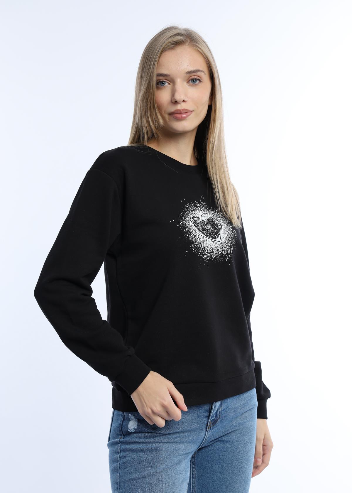 Kadın Kalp Baskılı 3 İplik Şardonsuz Sweatshirt Siyah