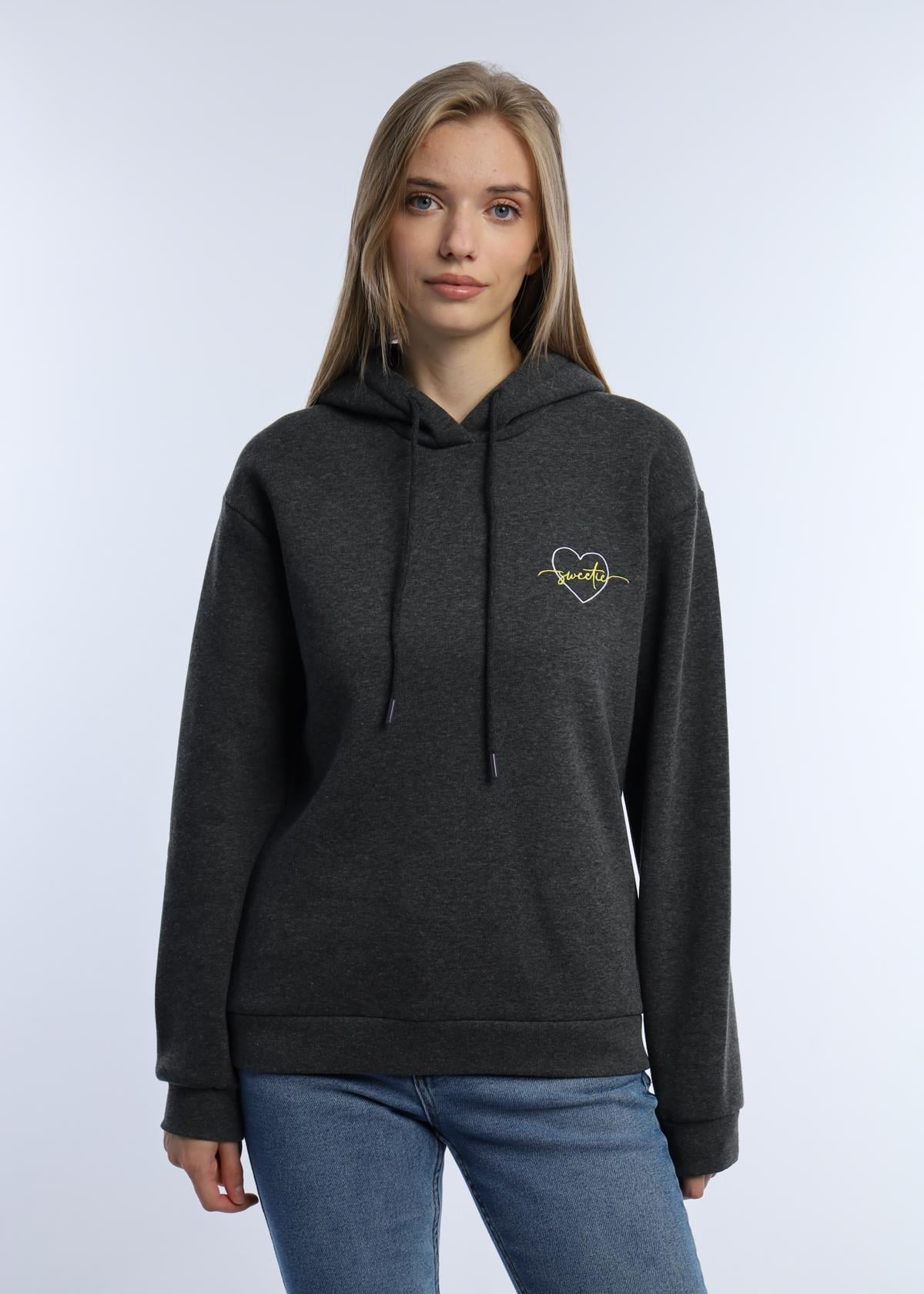 Kadin Kalp Nakışlı 3 İplik Sweatshirt Antrasit Melanj