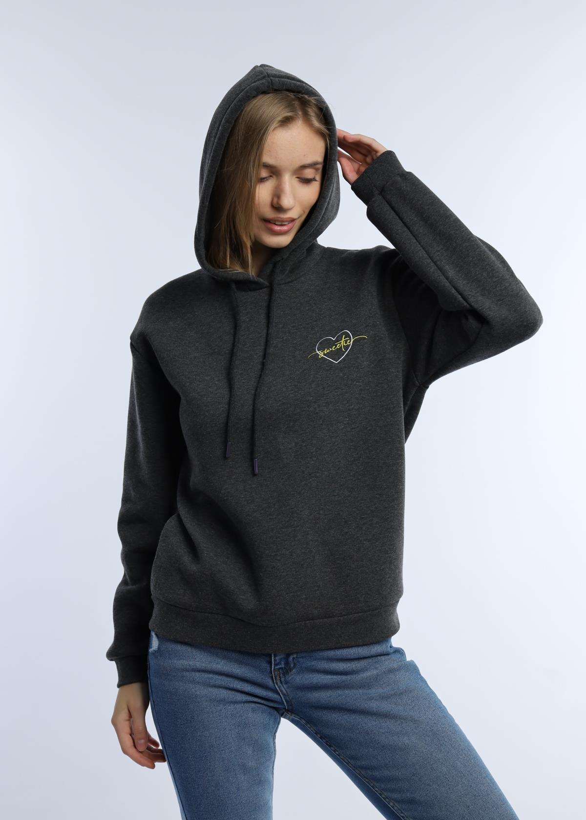 Kadin Kalp Nakışlı 3 İplik Sweatshirt Antrasit Melanj