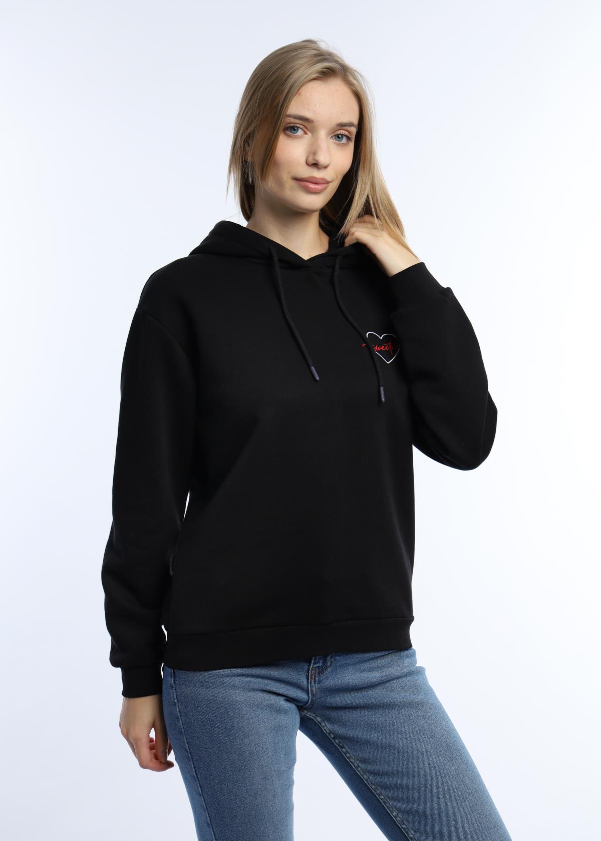 Kadin Kalp Nakışlı 3 İplik Sweatshirt Siyah